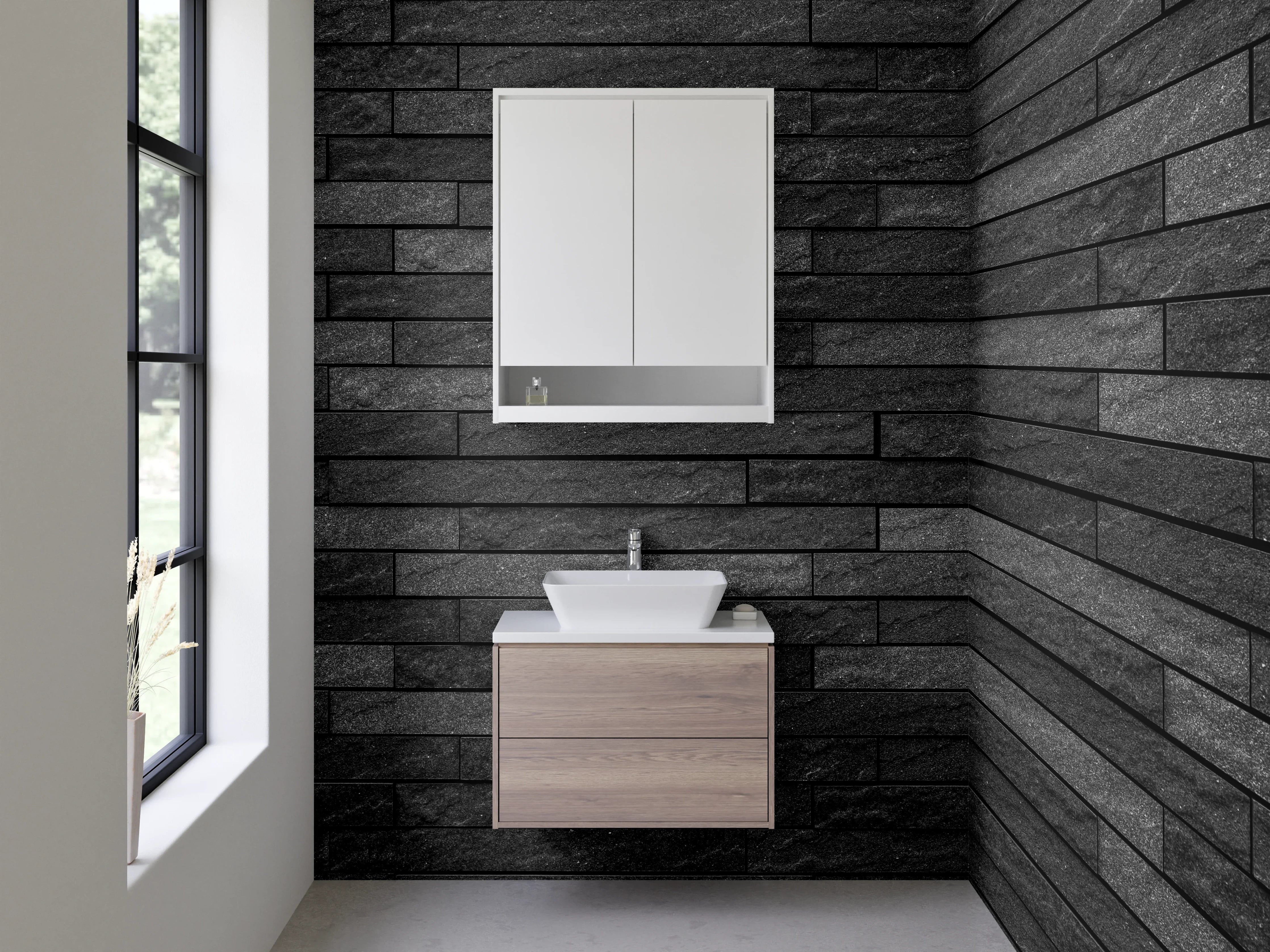 Waschbecken-Rückwand - Schwarze Schieferstein-Fliesen modern