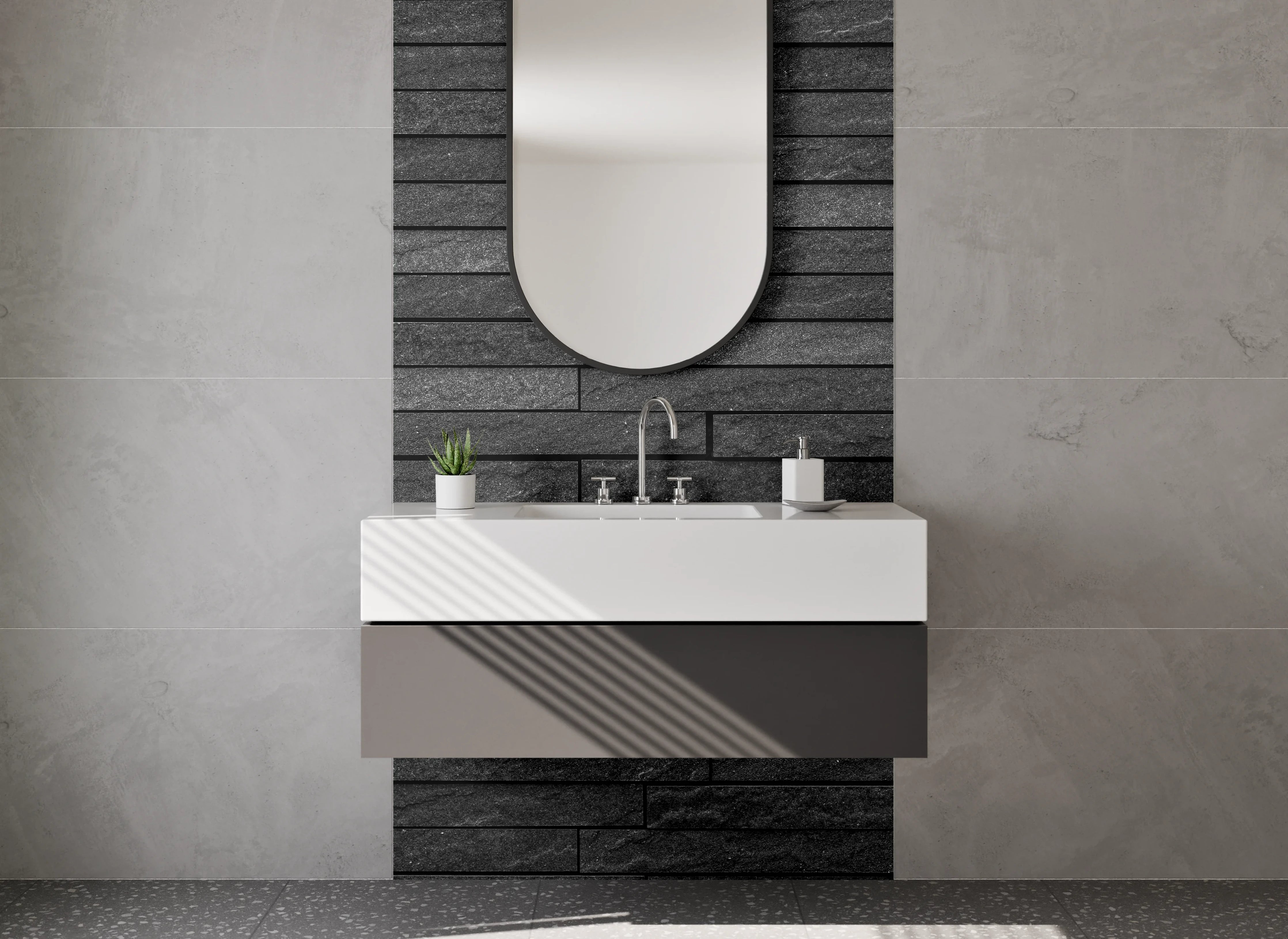 Waschbecken-Rückwand - Schwarze Schieferstein-Fliesen modern