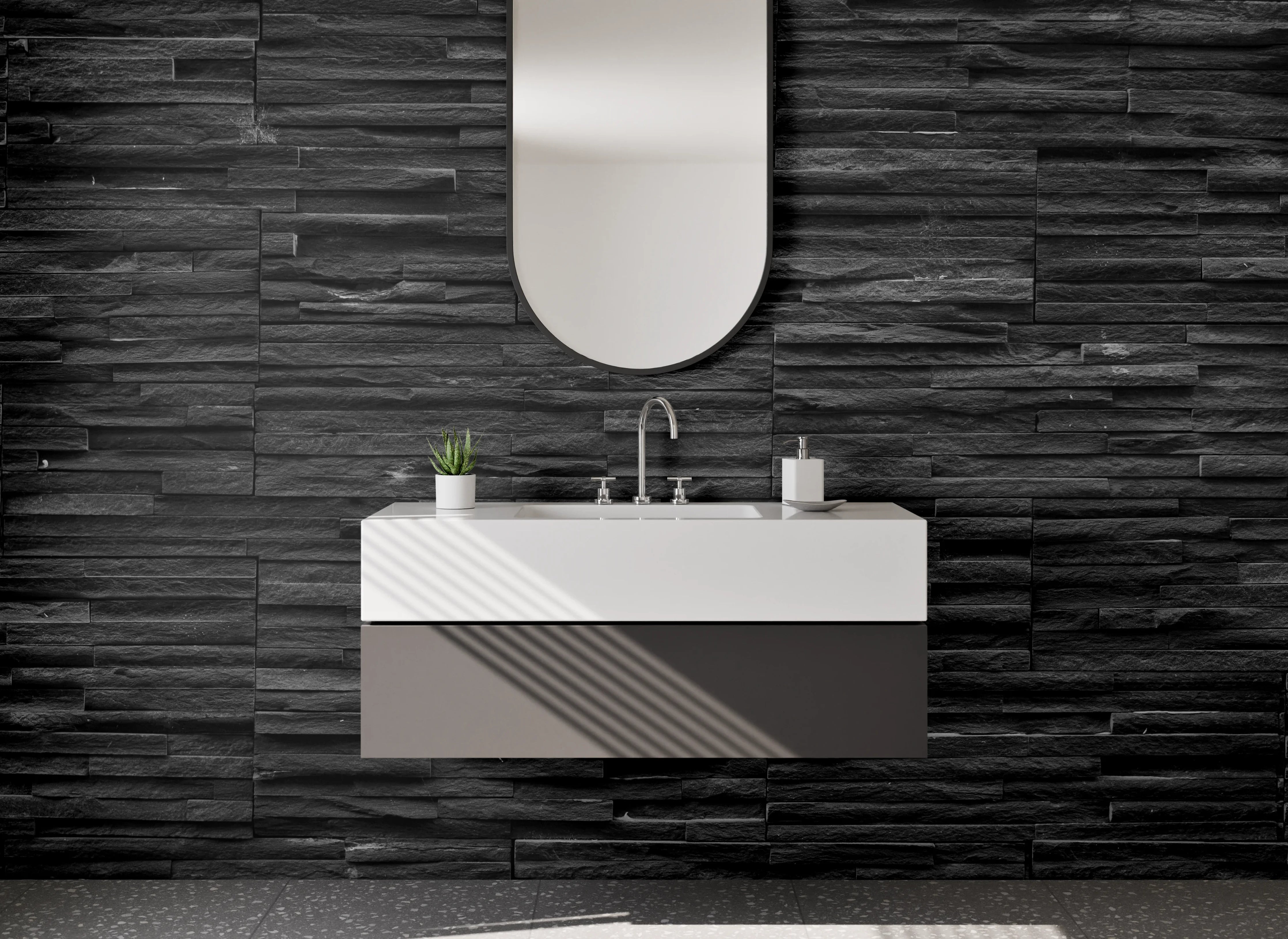 Waschbecken-Rückwand - Schwarze Schieferwand mit Textur