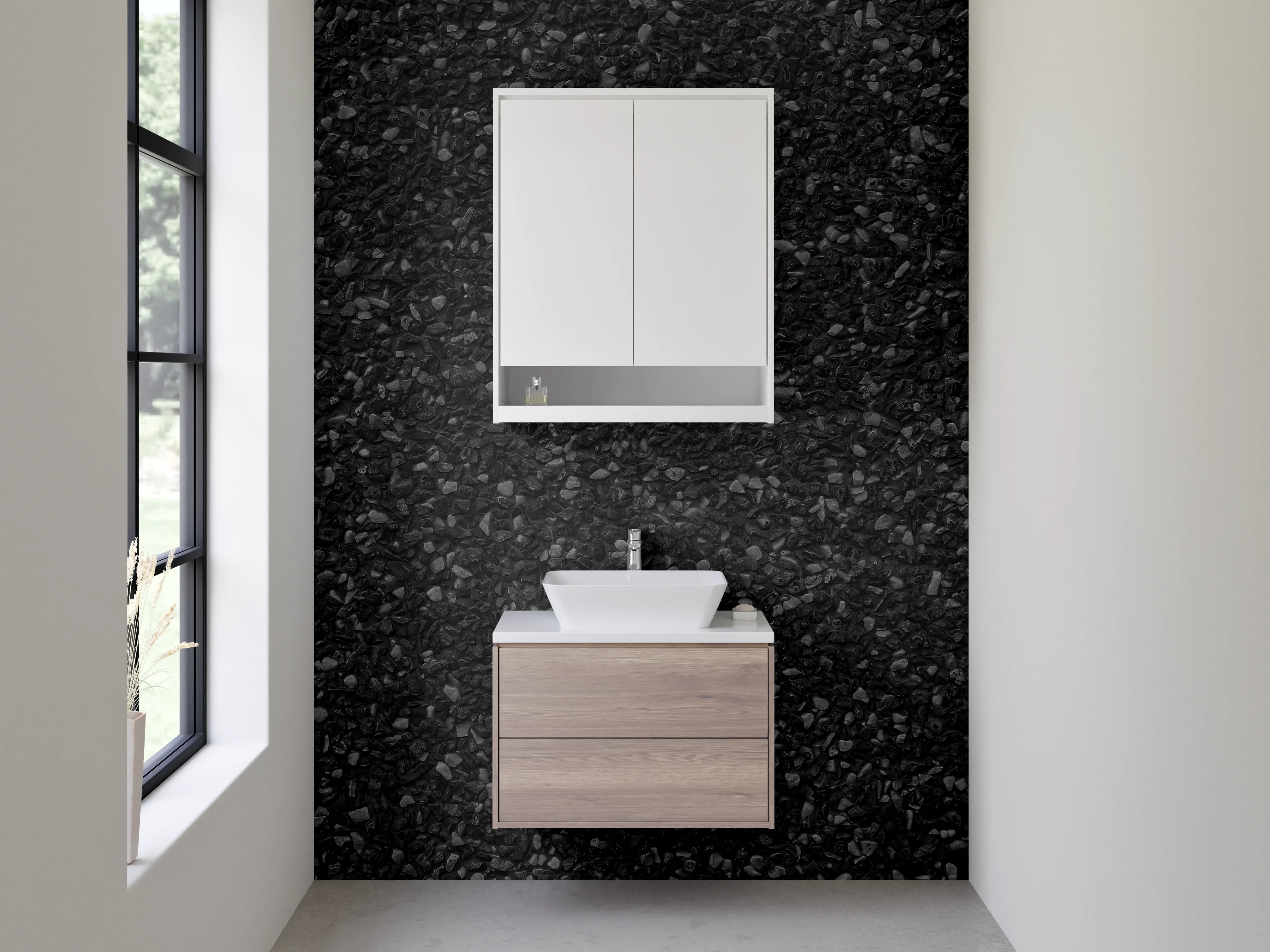 Waschbecken-Rückwand - Schwarzer Granit mit Salz-Pfeffer-Optik