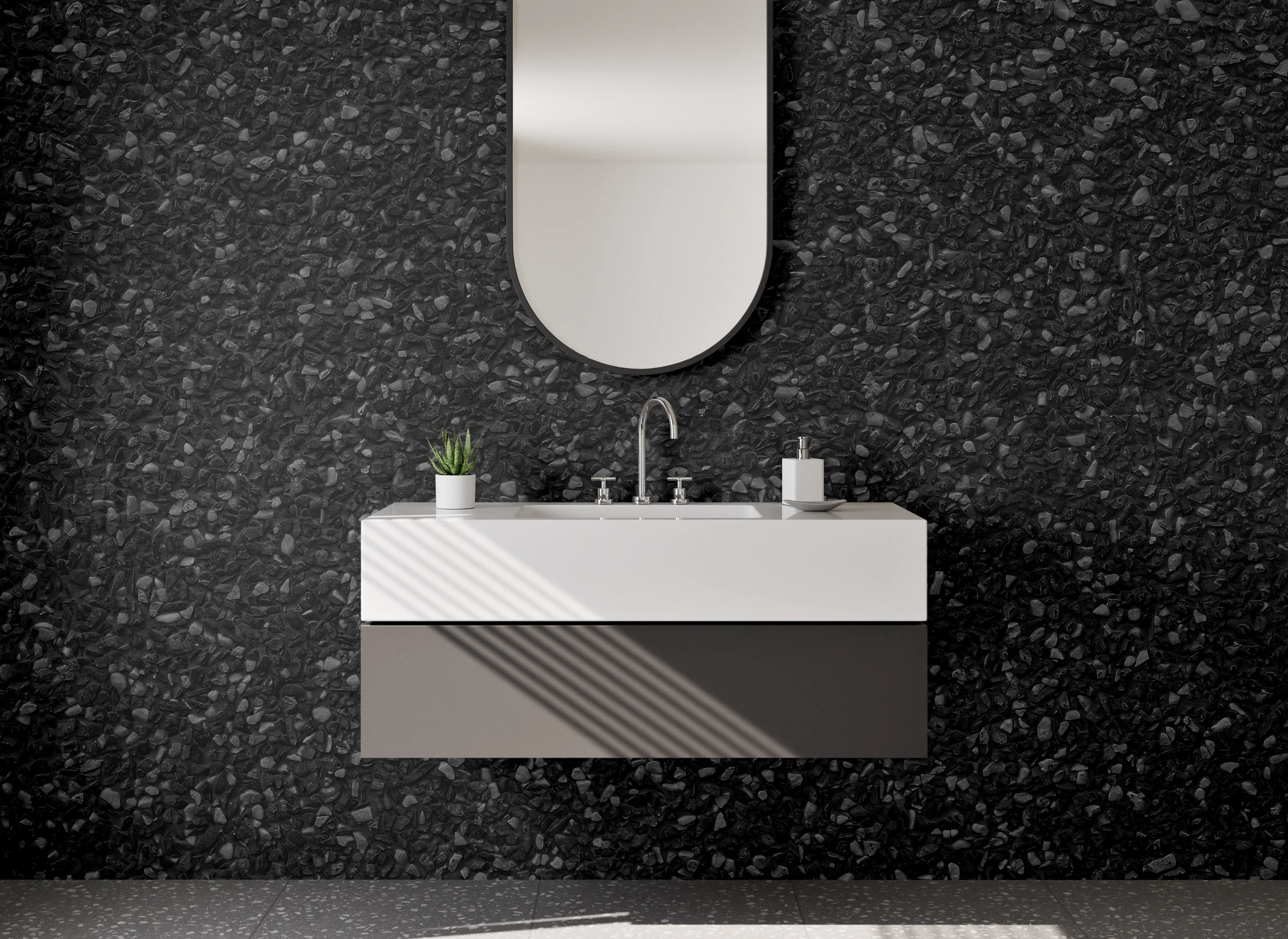 Waschbecken-Rückwand - Schwarzer Granit mit Salz-Pfeffer-Optik