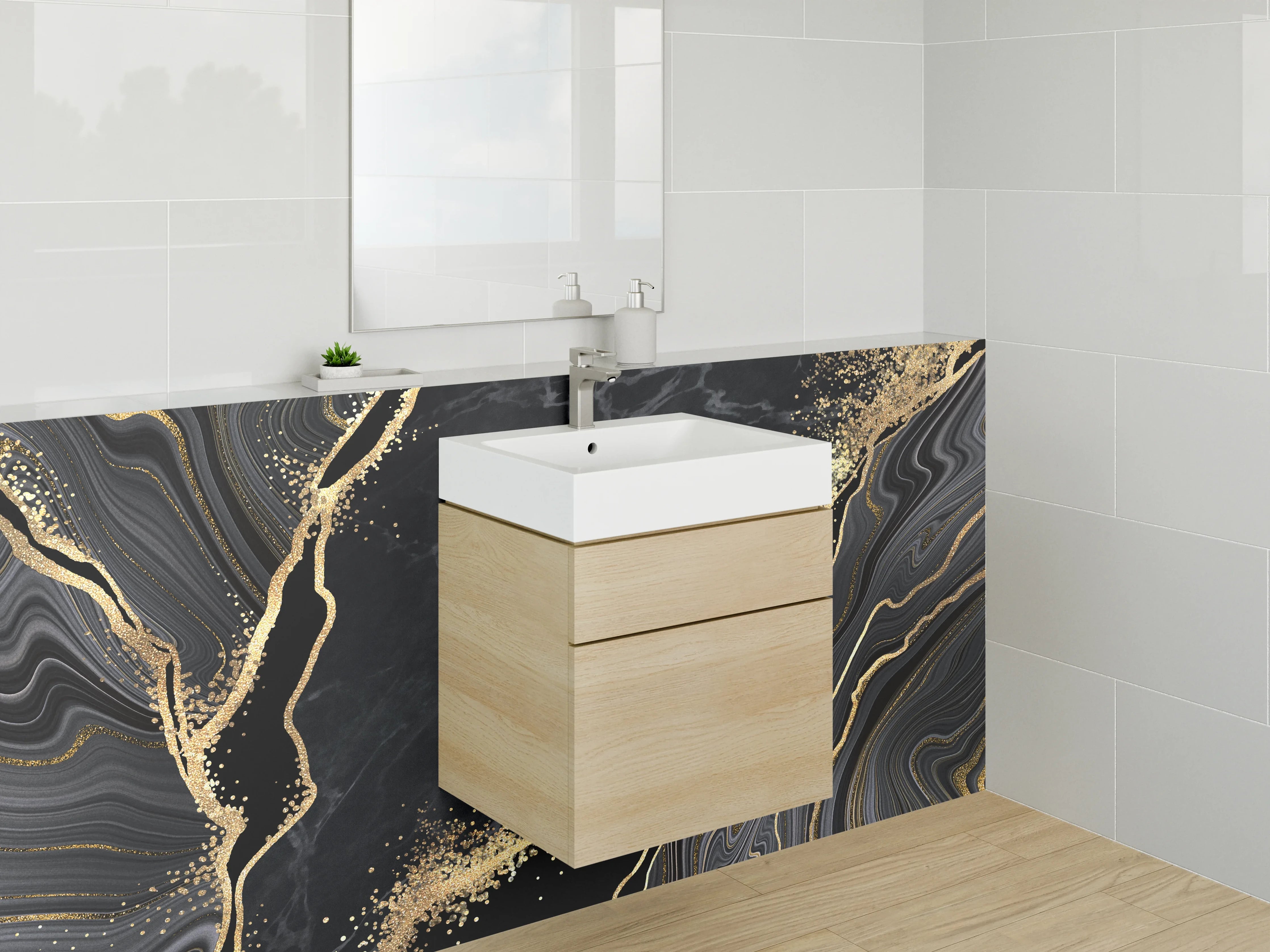 Waschbecken-Rückwand - Schwarzer Marmor Gold Marmorierung Elegant
