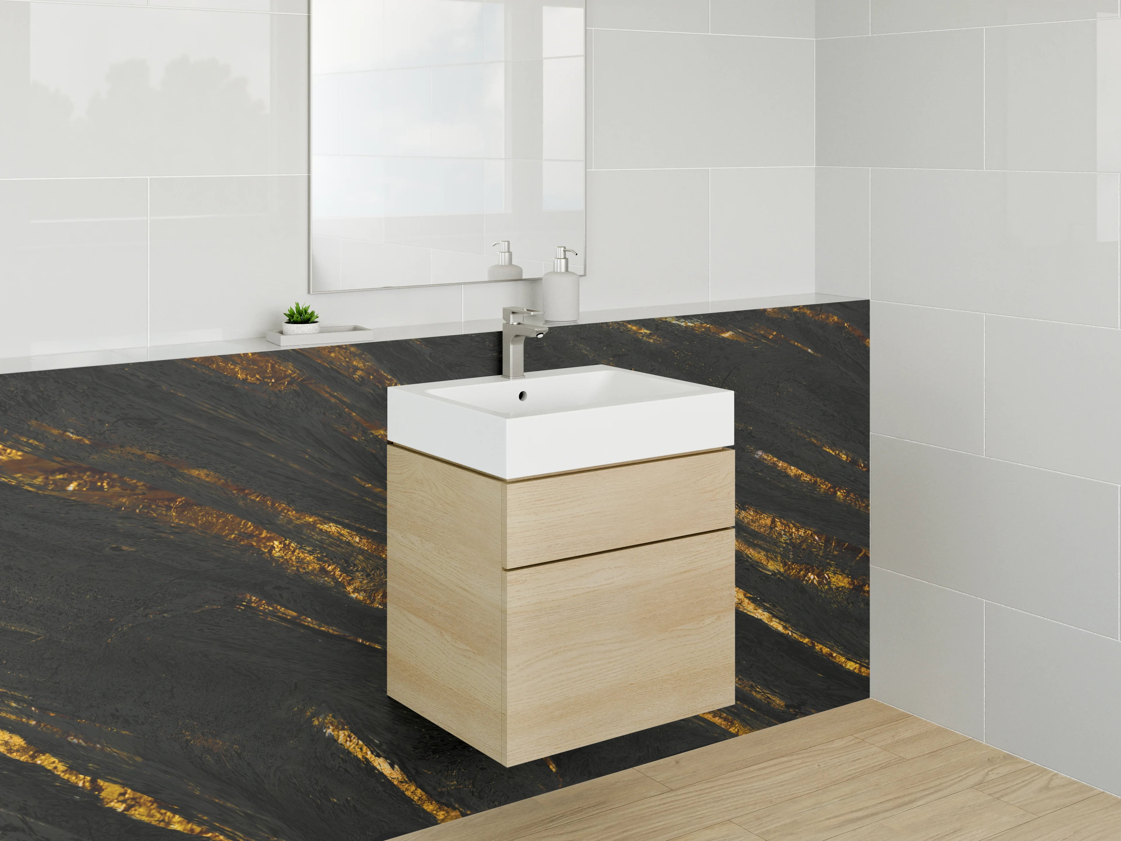 Waschbecken-Rückwand - Schwarzer Marmorlook mit Goldadern