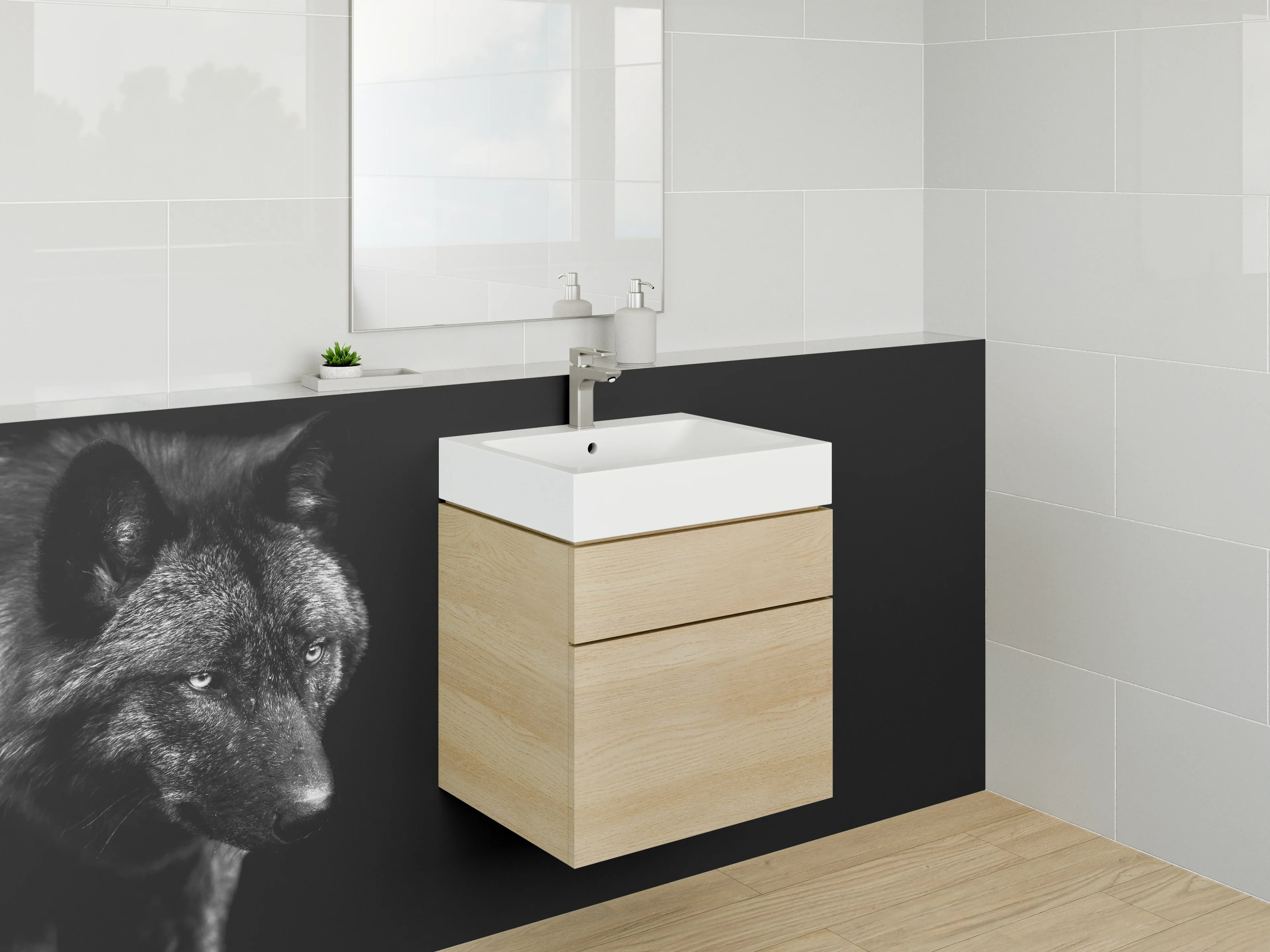 Waschbecken-Rückwand - Schwarzer Wolf im Schatten – Naturbild
