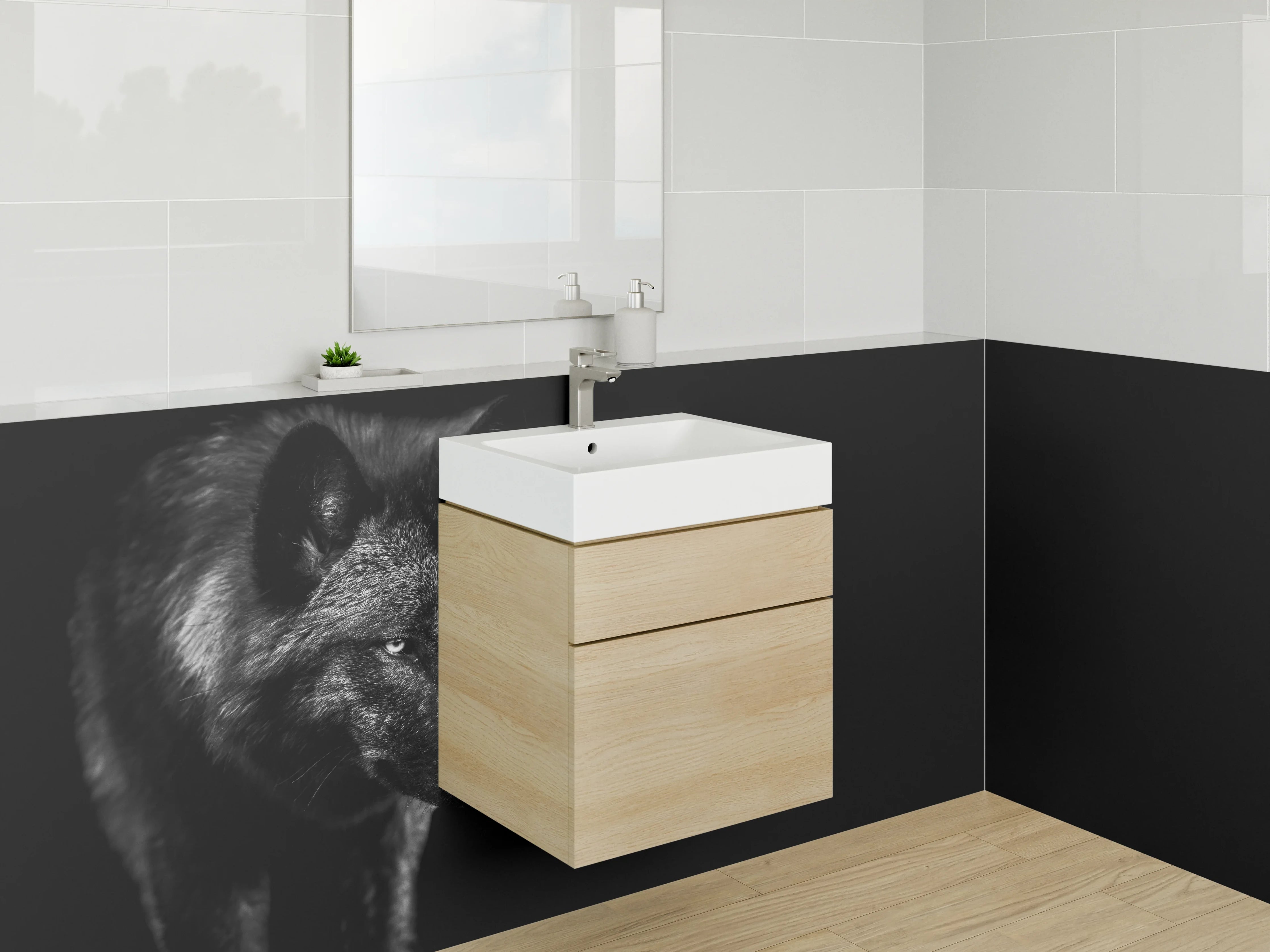 Waschbecken-Rückwand - Schwarzer Wolf im Schatten – Naturbild