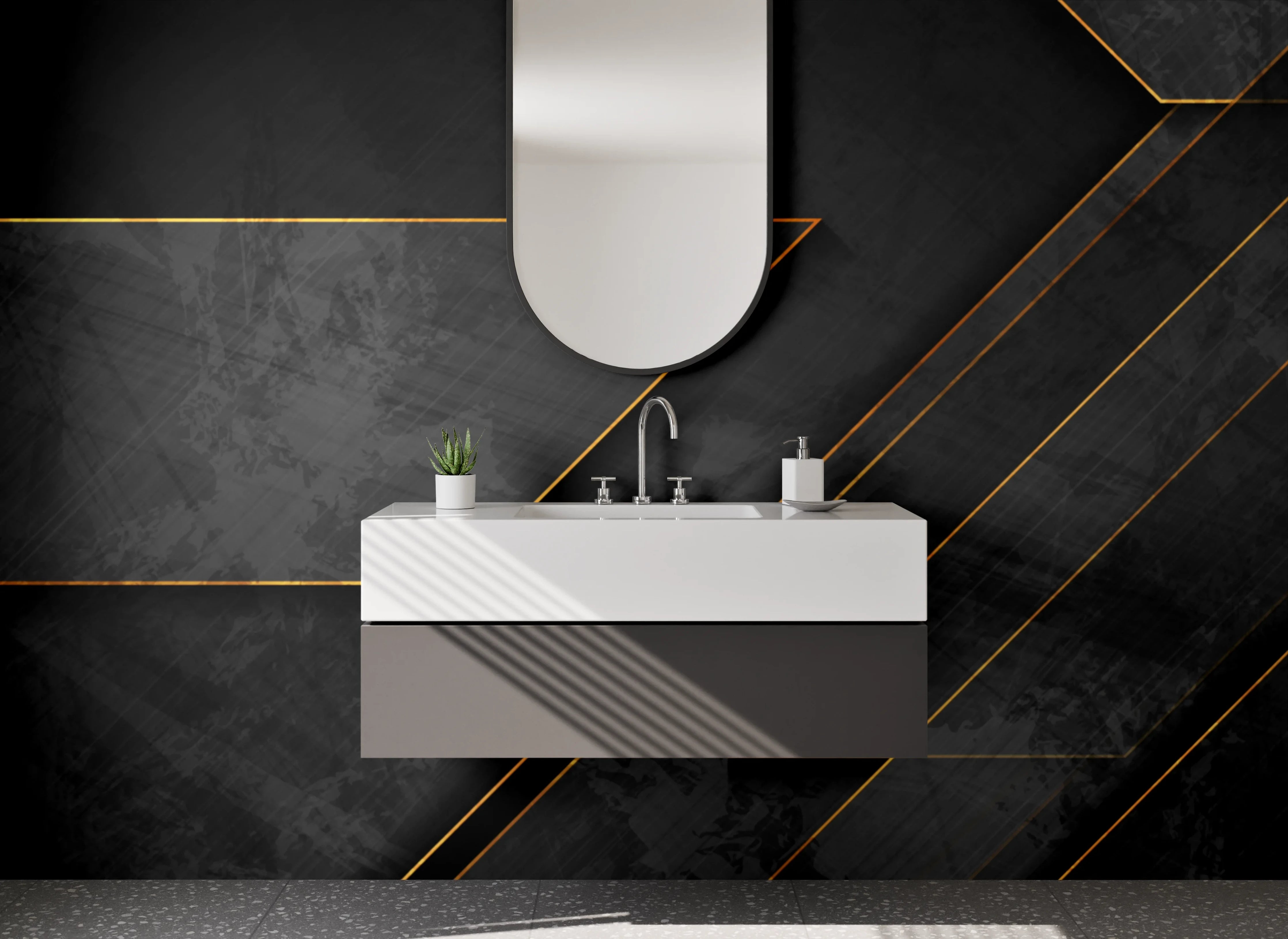 Waschbecken-Rückwand - Schwarzes Gold Linien Abstract Design