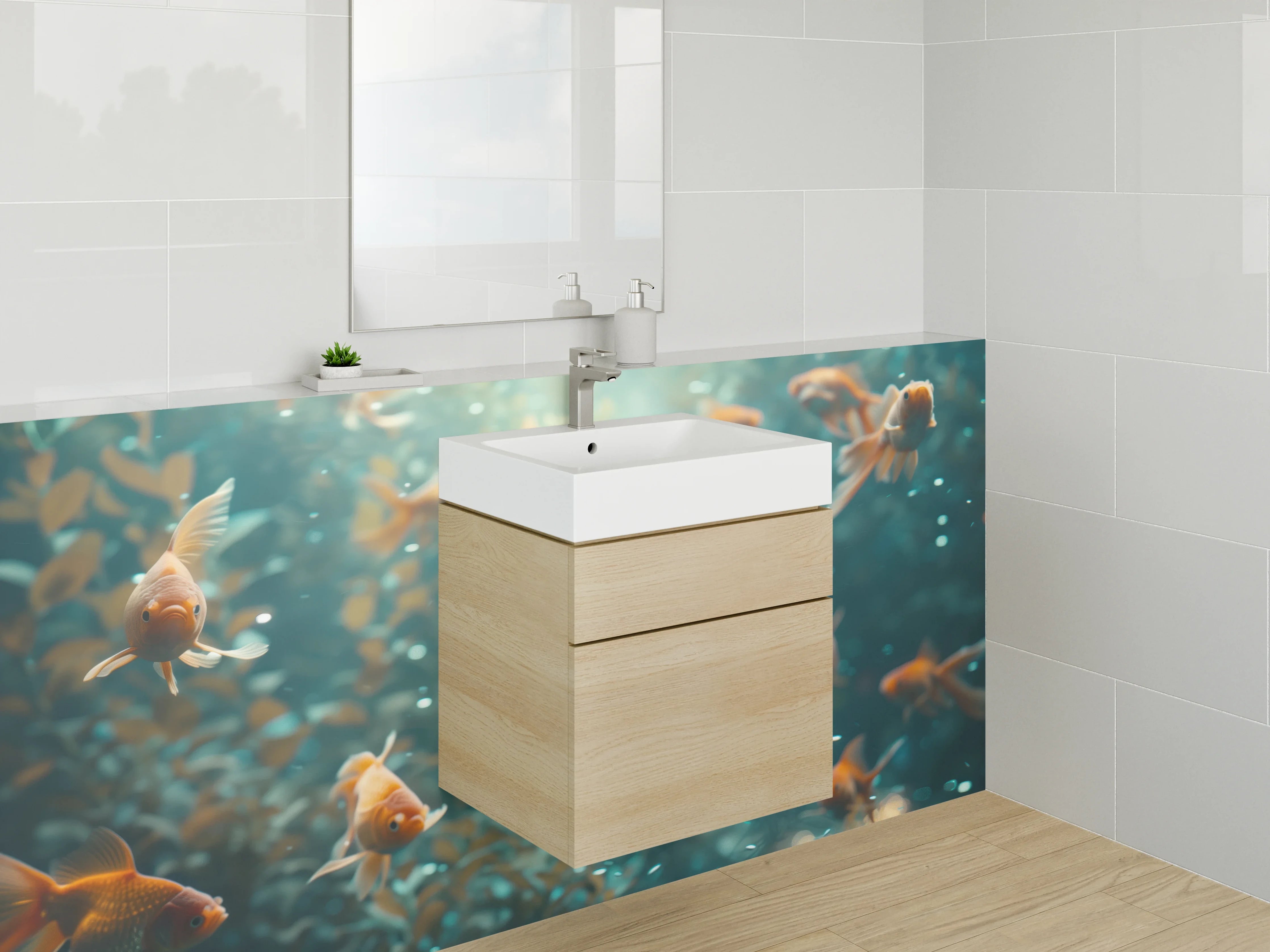 Waschbecken-Rückwand - Schwimmende Goldfische im Wasser