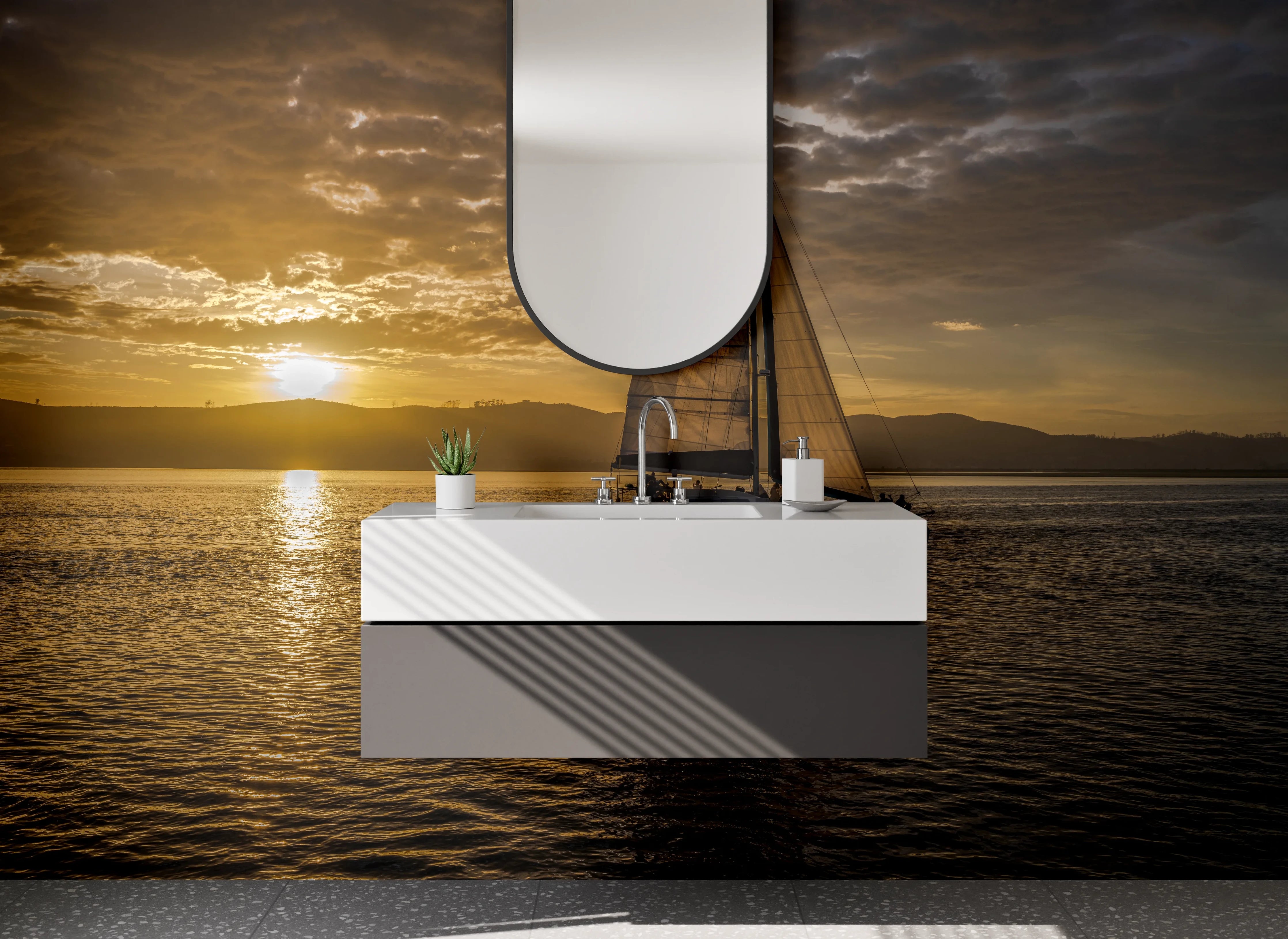 Waschbecken-Rückwand - Segelboot bei Sonnenuntergang auf See