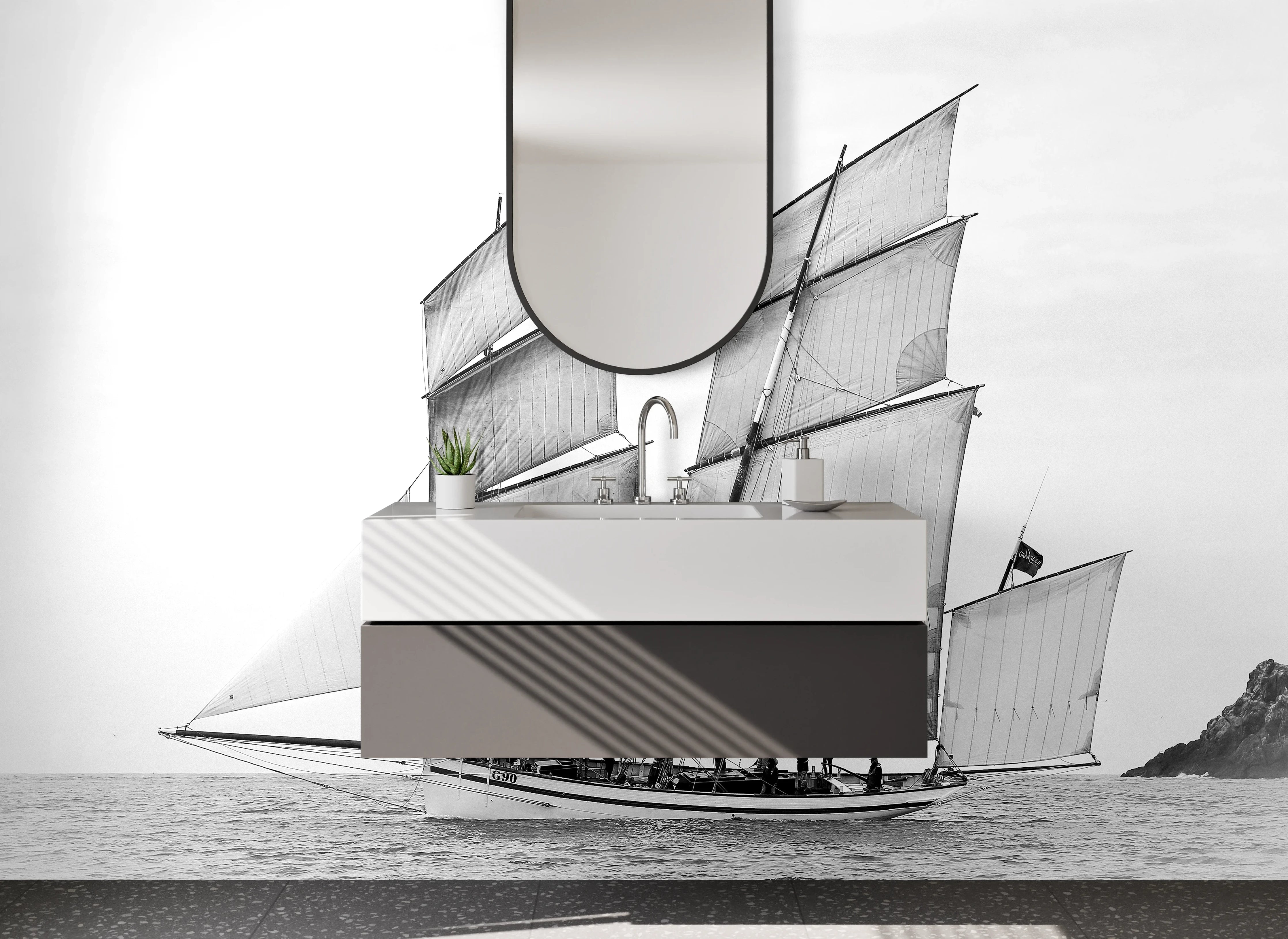 Waschbecken-Rückwand - Segelschiff vor Küste