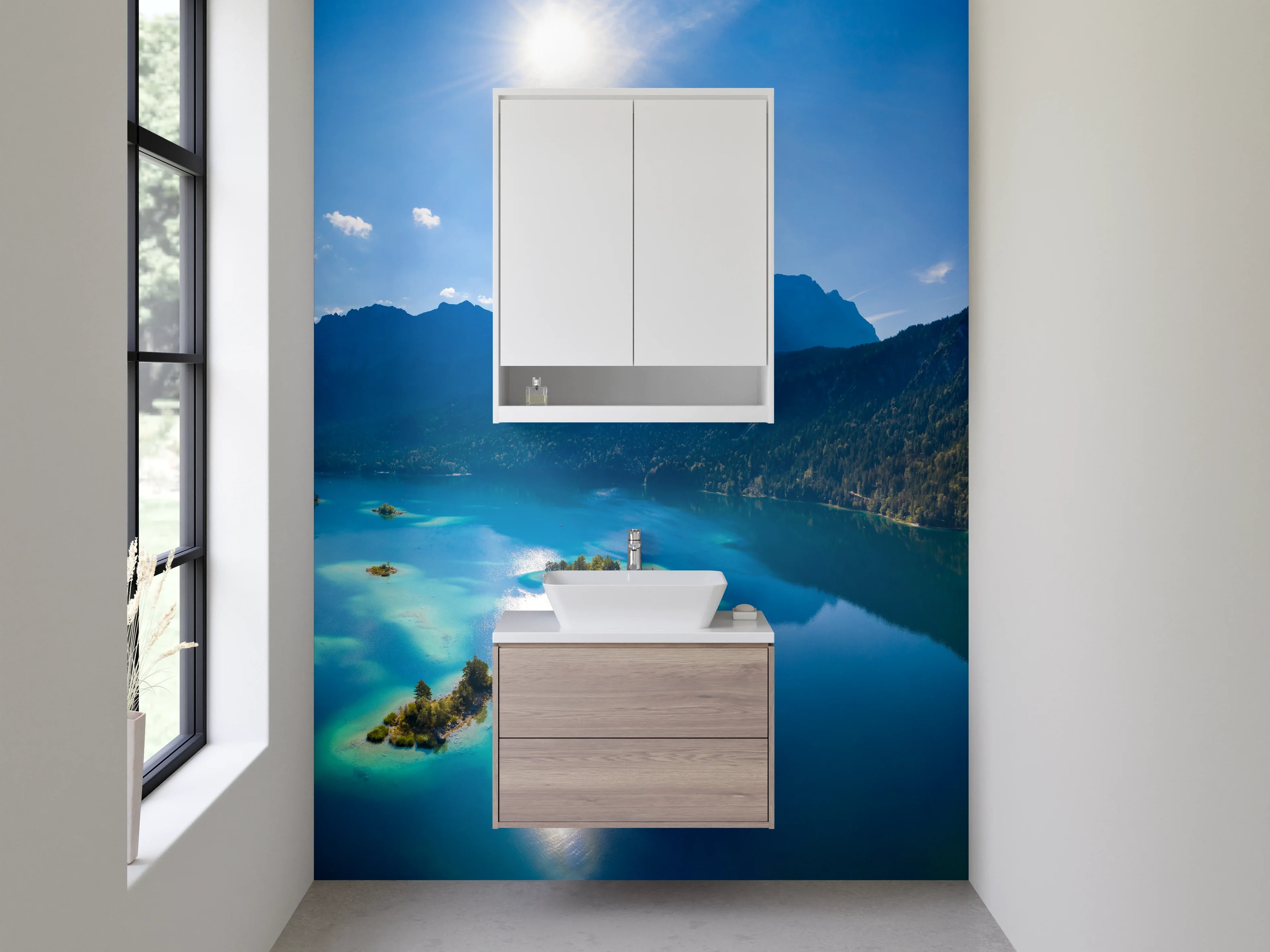 Waschbecken-Rückwand - Silbergraue Stille am Gebirgssee