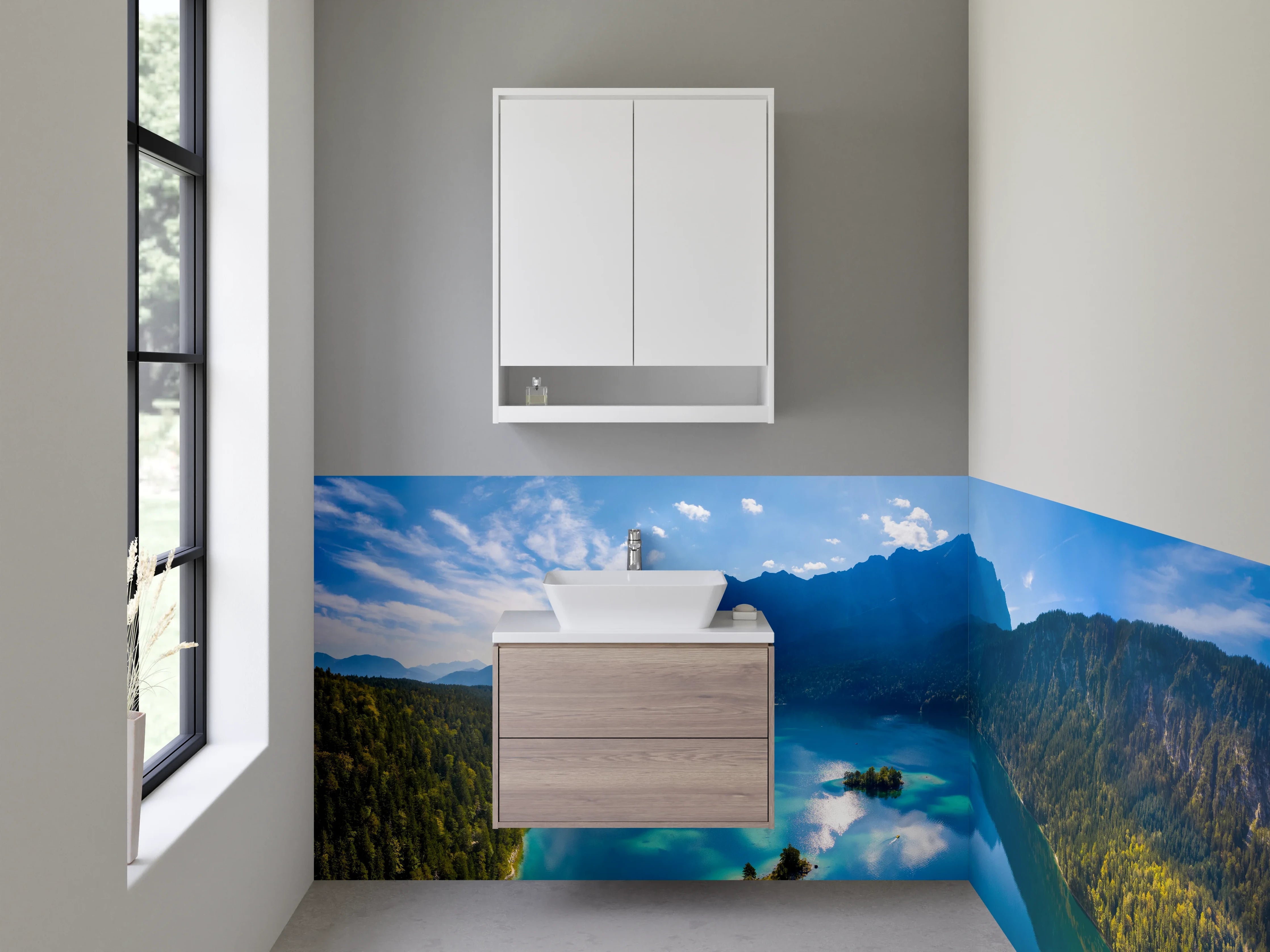 Waschbecken-Rückwand - Silbergraue Stille am Gebirgssee