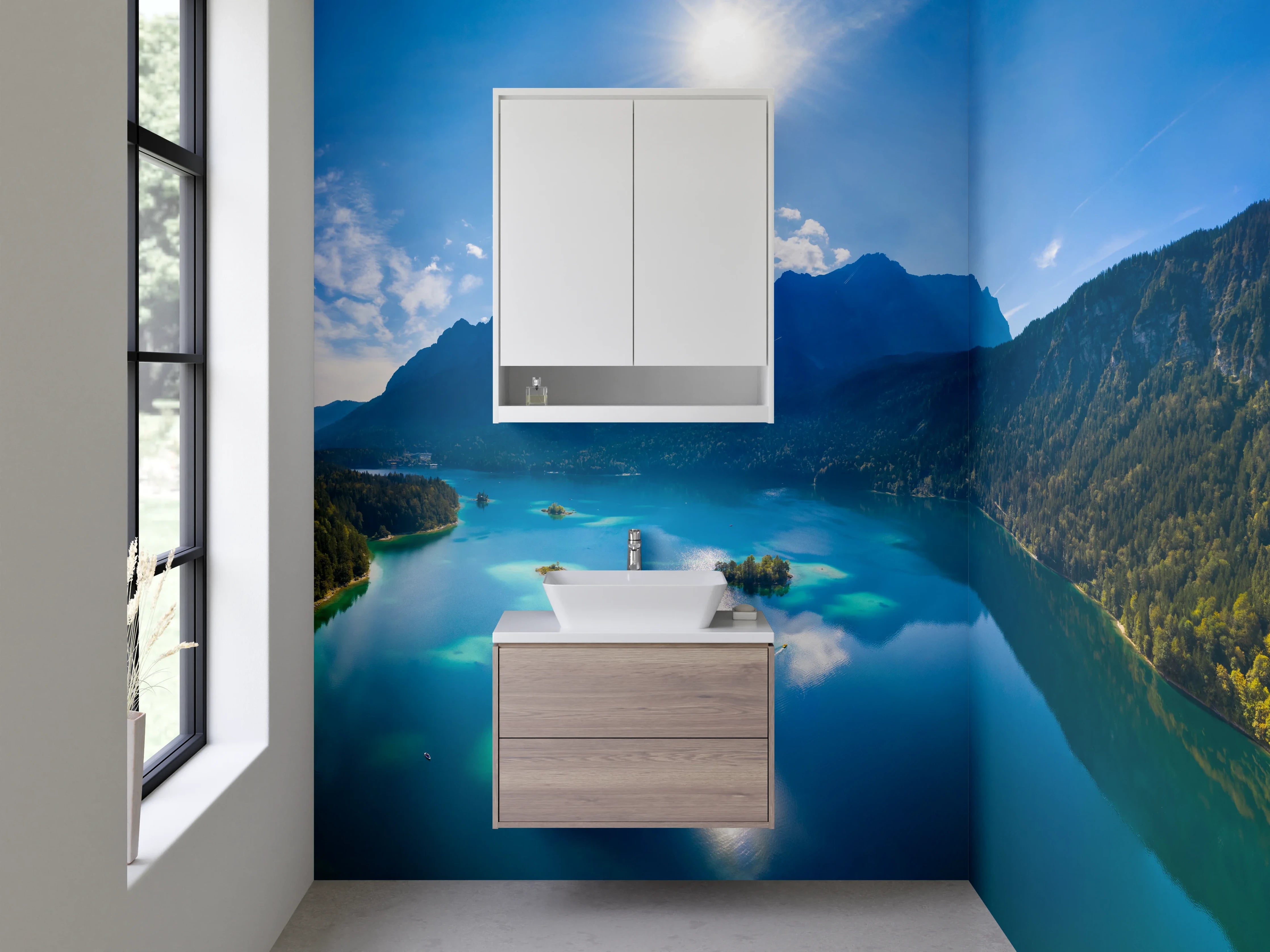 Waschbecken-Rückwand - Silbergraue Stille am Gebirgssee