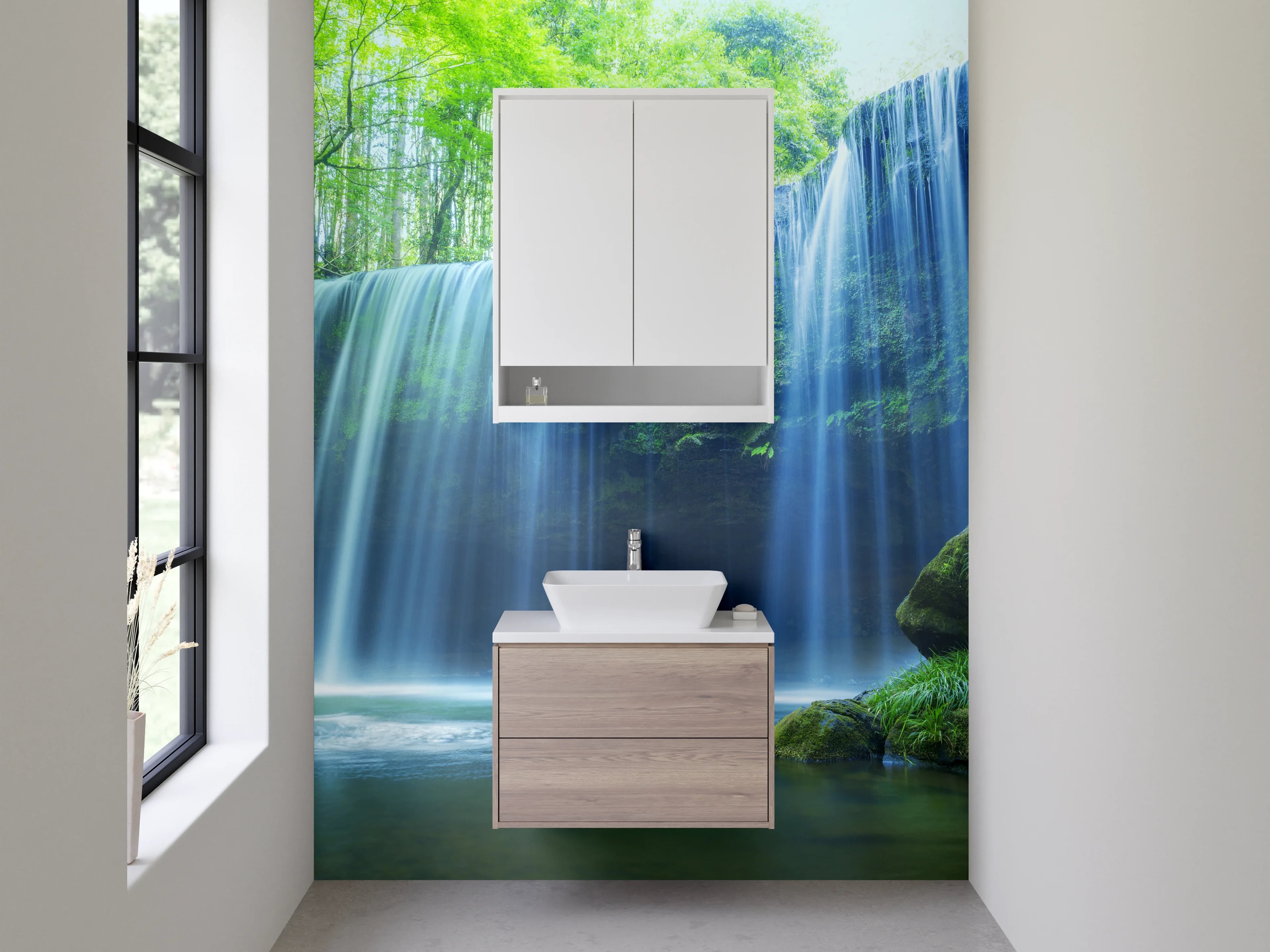 Waschbecken-Rückwand - Silbergrauer Wasserfall zwischen Moosgrün