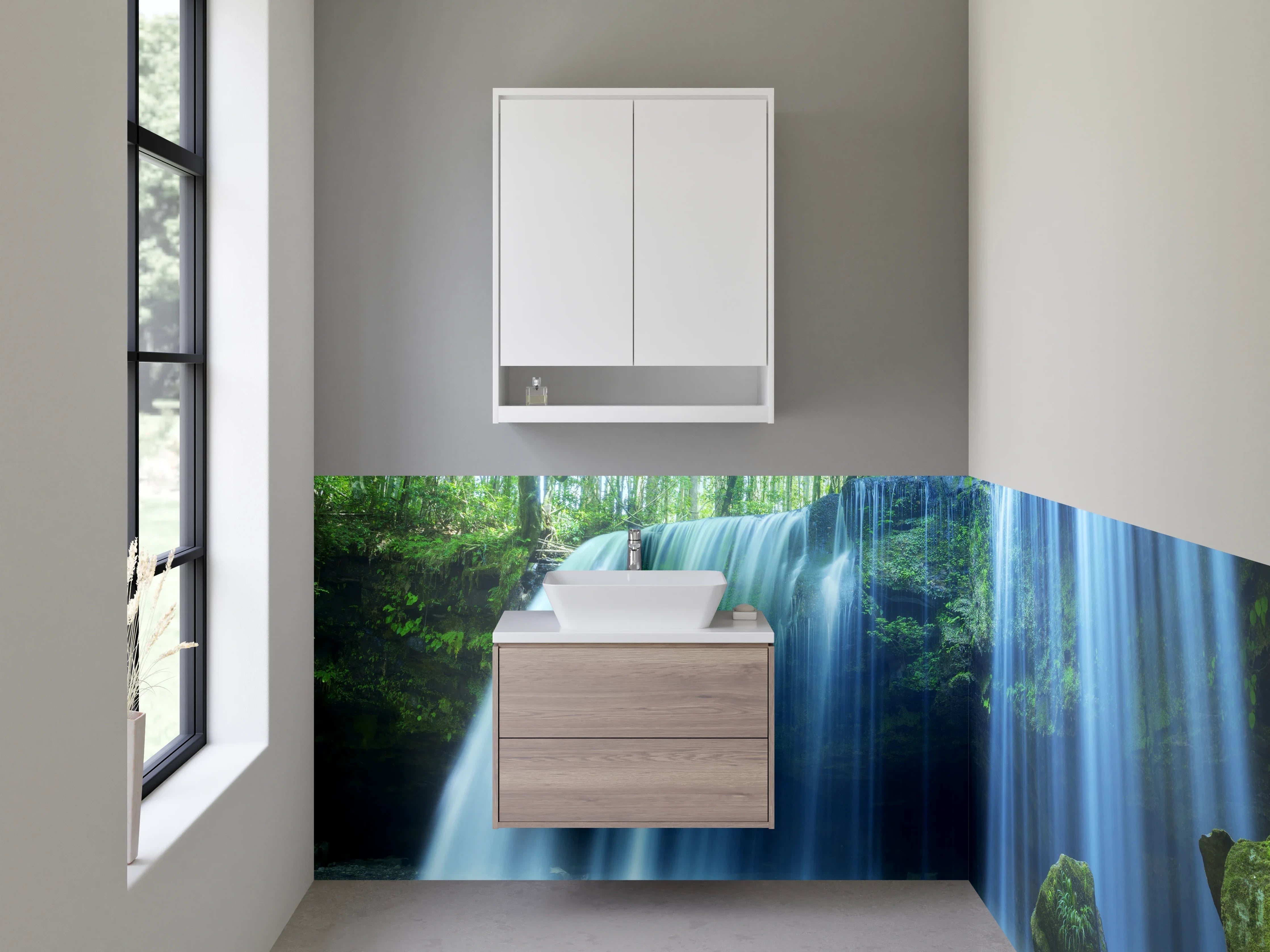 Waschbecken-Rückwand - Silbergrauer Wasserfall zwischen Moosgrün