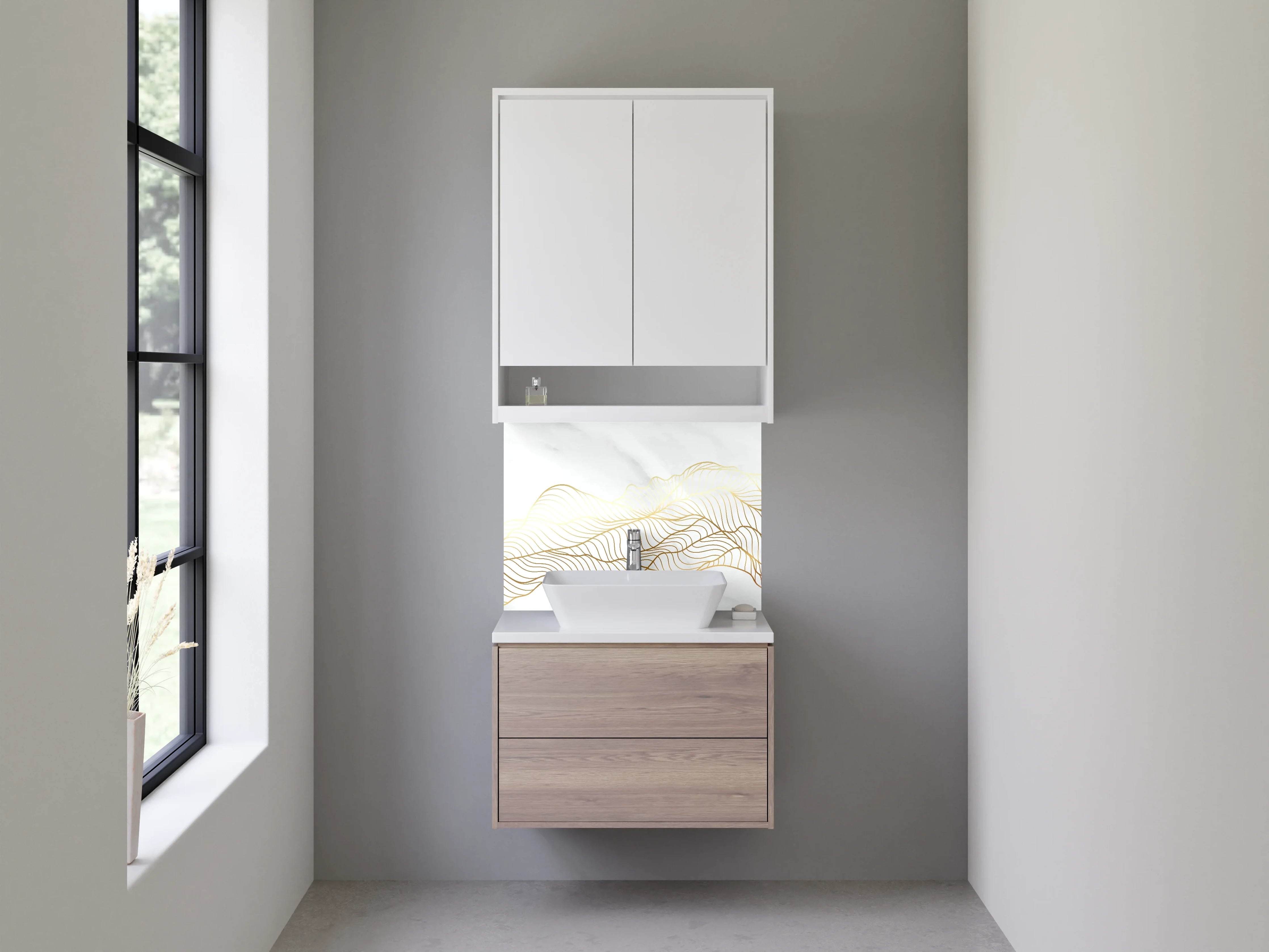 Waschbecken-Rückwand - Silberne Konturen auf hellem Grund