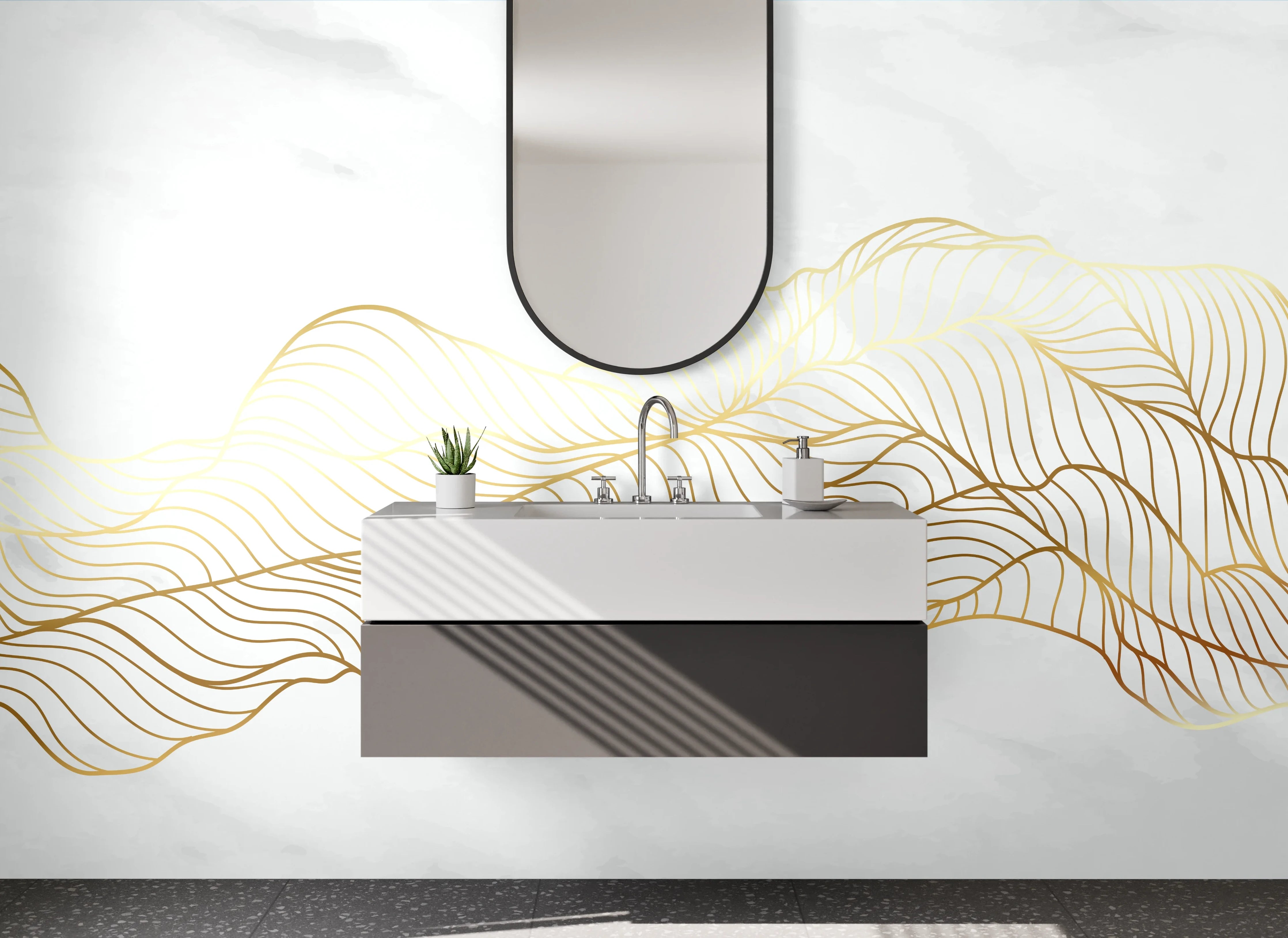 Waschbecken-Rückwand - Silberne Konturen auf hellem Grund