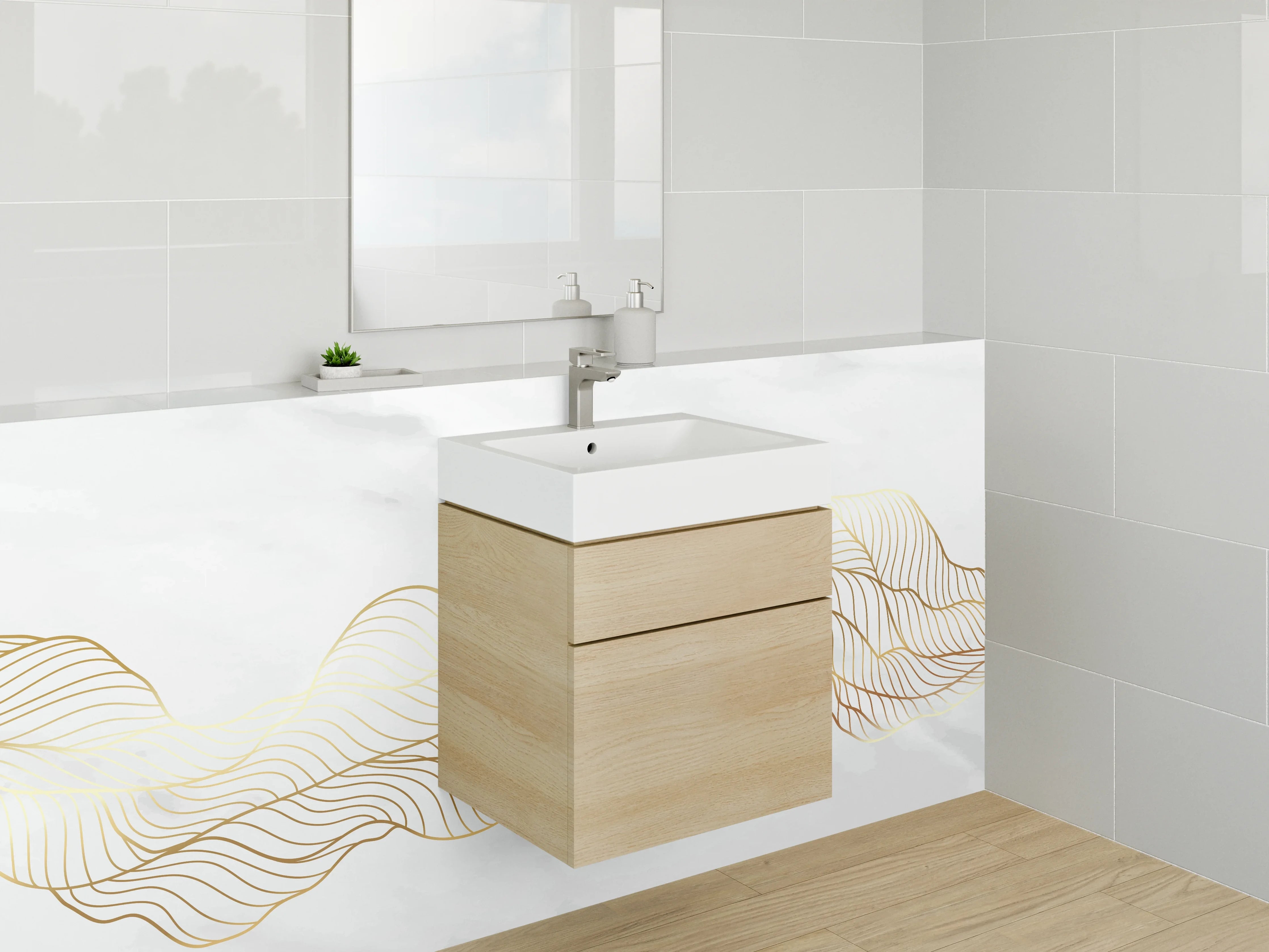 Waschbecken-Rückwand - Silberne Konturen auf hellem Grund