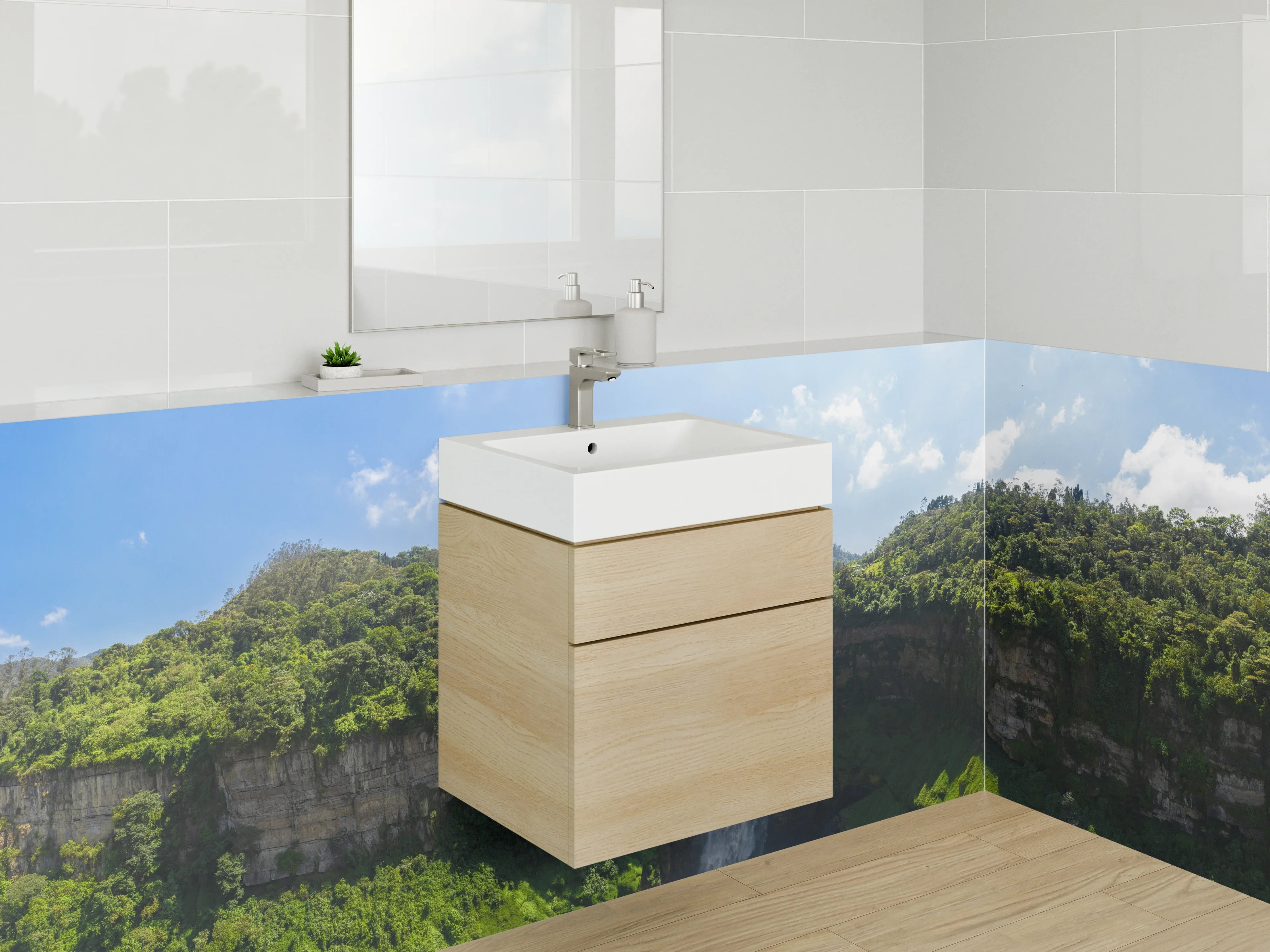 Waschbecken-Rückwand - Silberne Wasserfälle im Nebelwald