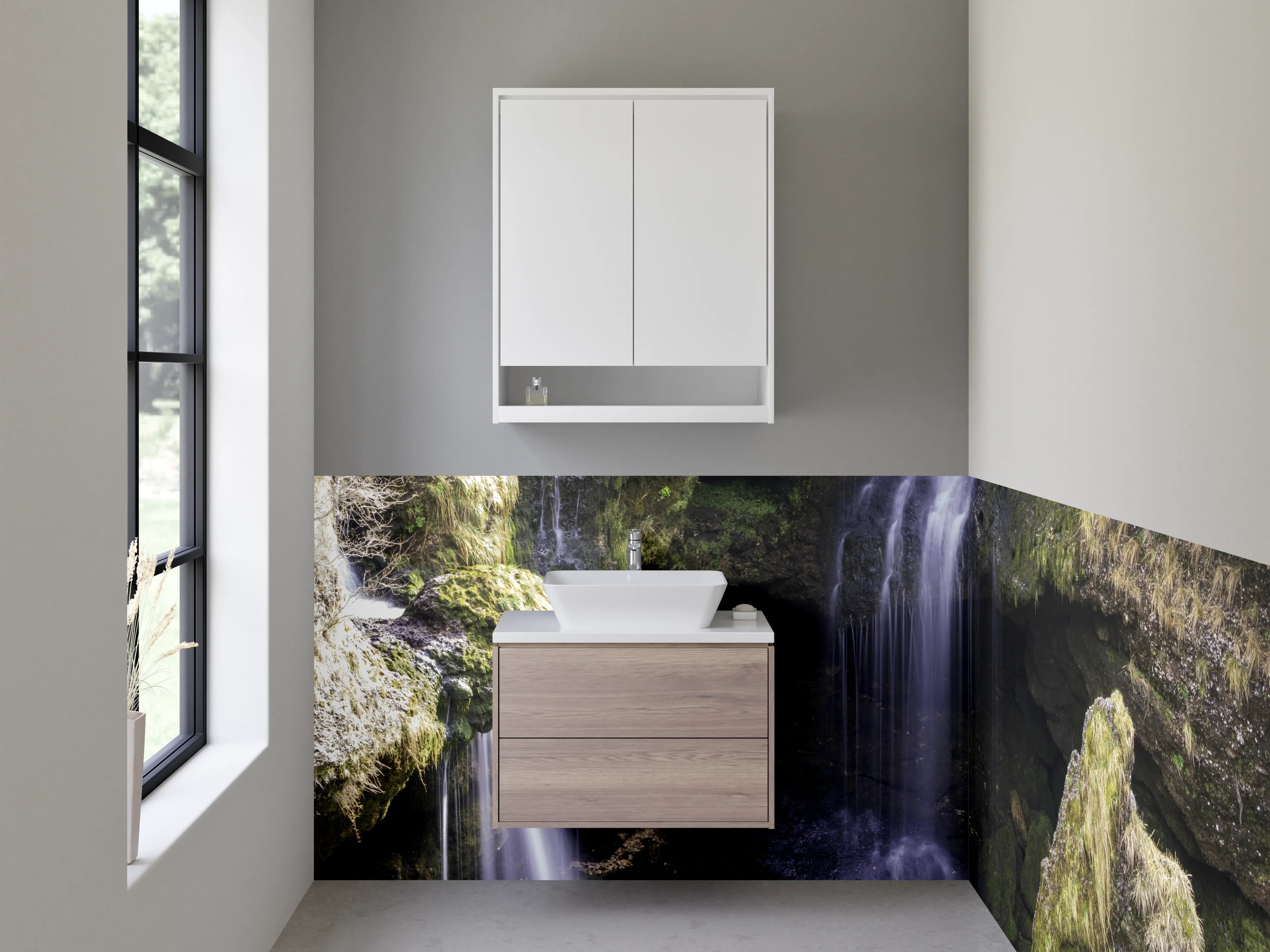 Waschbecken-Rückwand - Silberne Wasserflut im Nebelwald