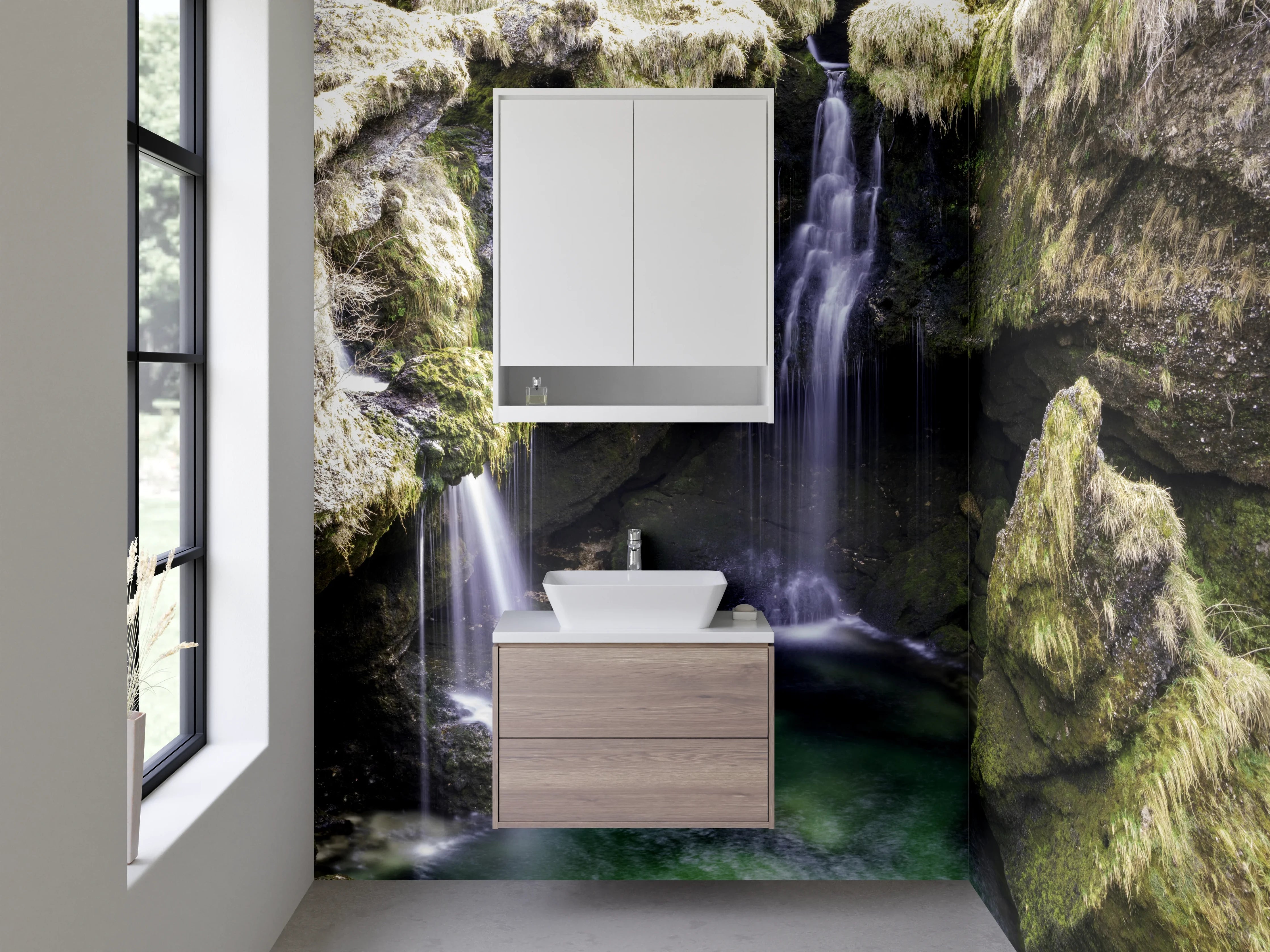 Waschbecken-Rückwand - Silberne Wasserflut im Nebelwald