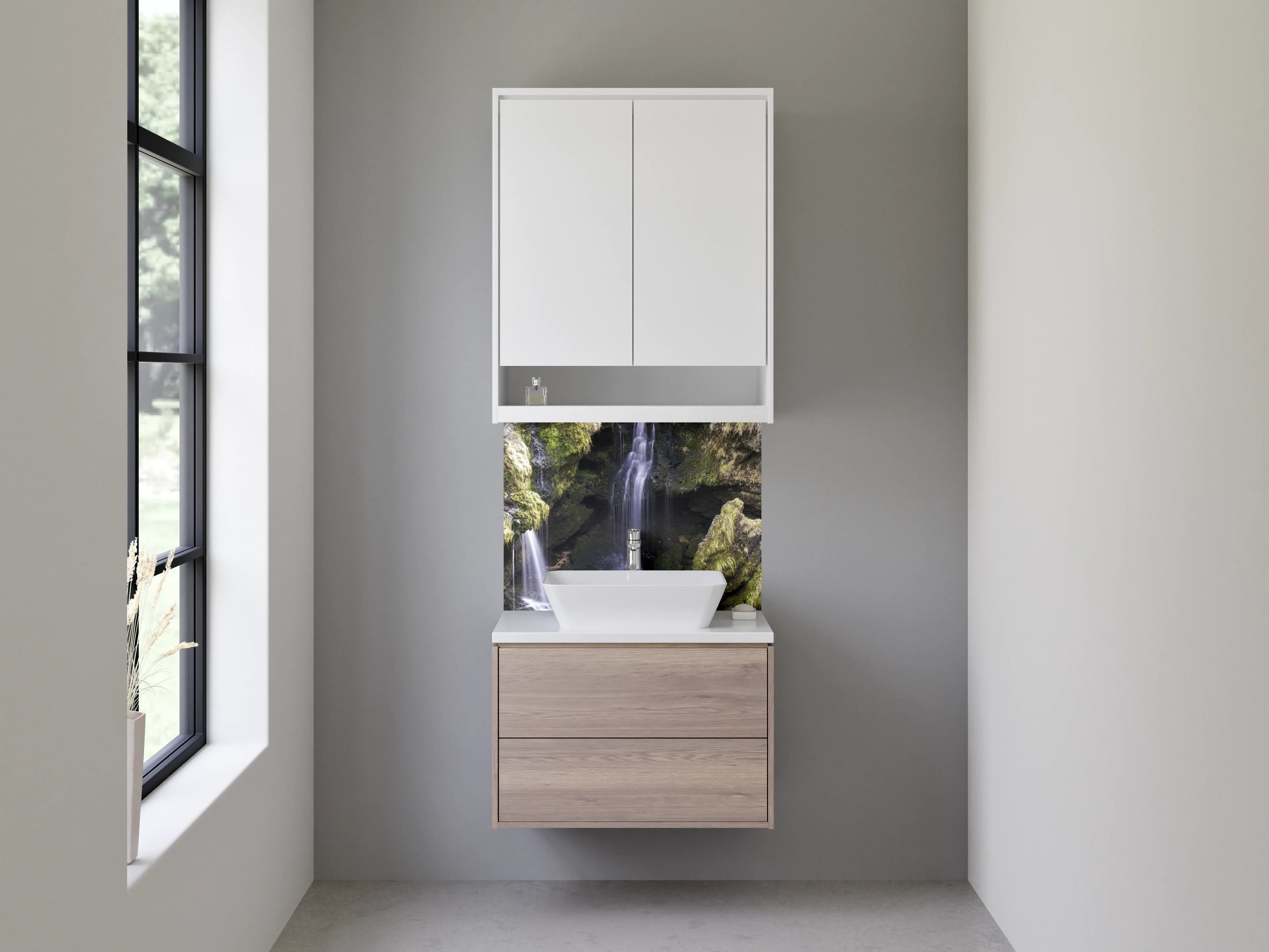 Waschbecken-Rückwand - Silberne Wasserflut im Nebelwald