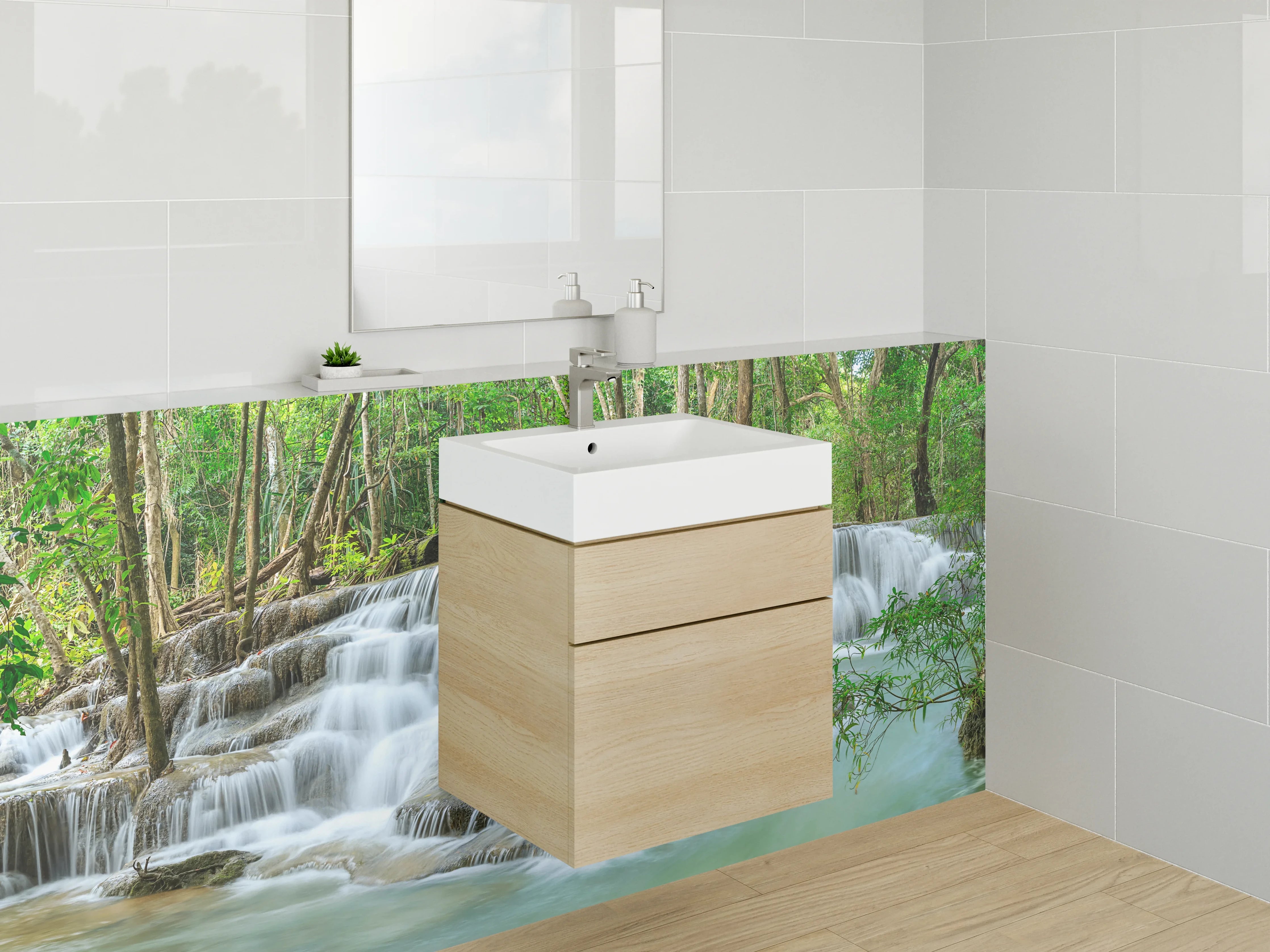 Waschbecken-Rückwand - Silberne Wasserschleier im Nebelwald