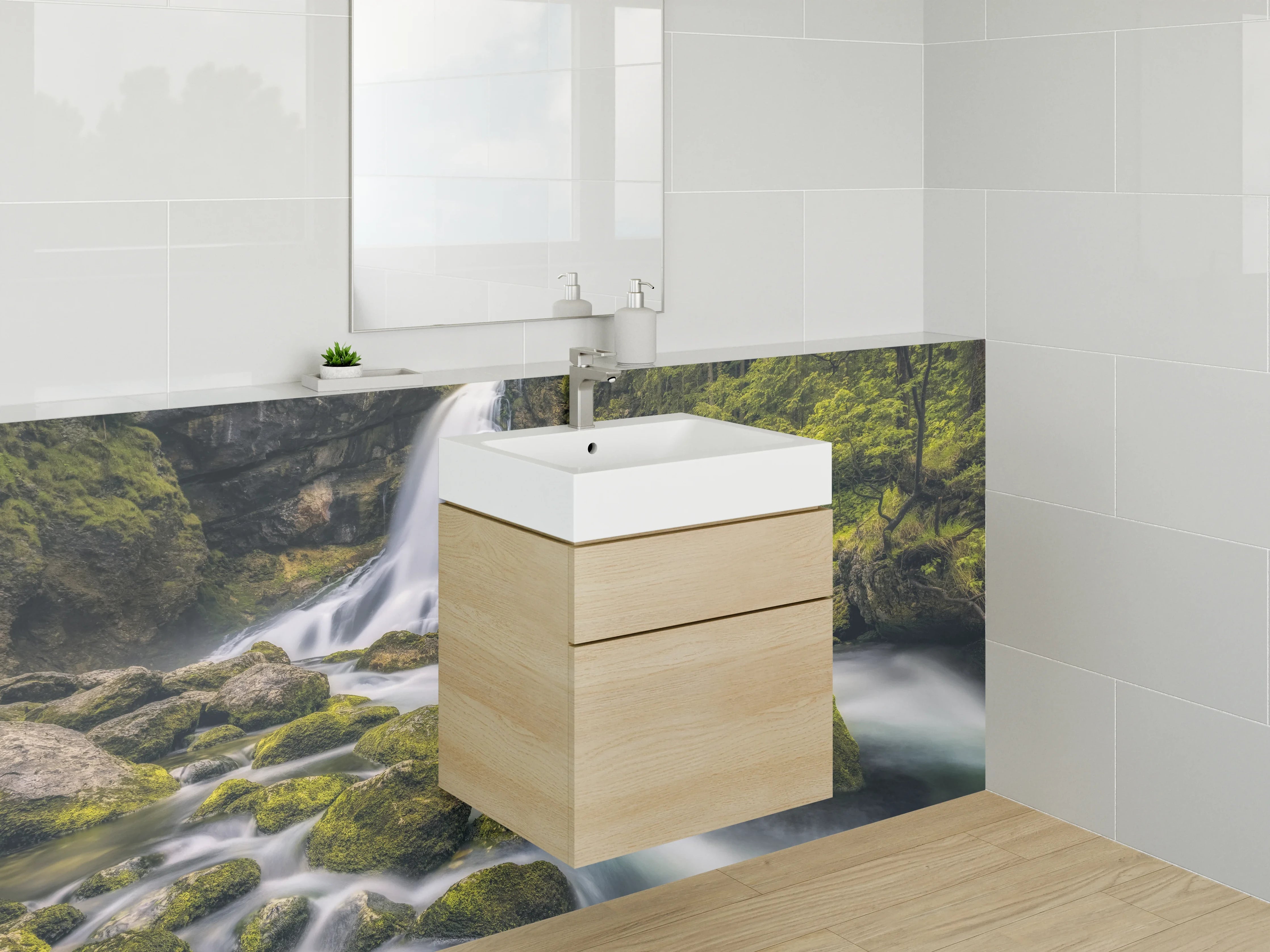 Waschbecken-Rückwand - Silberne Wasserströme im Nebelwald