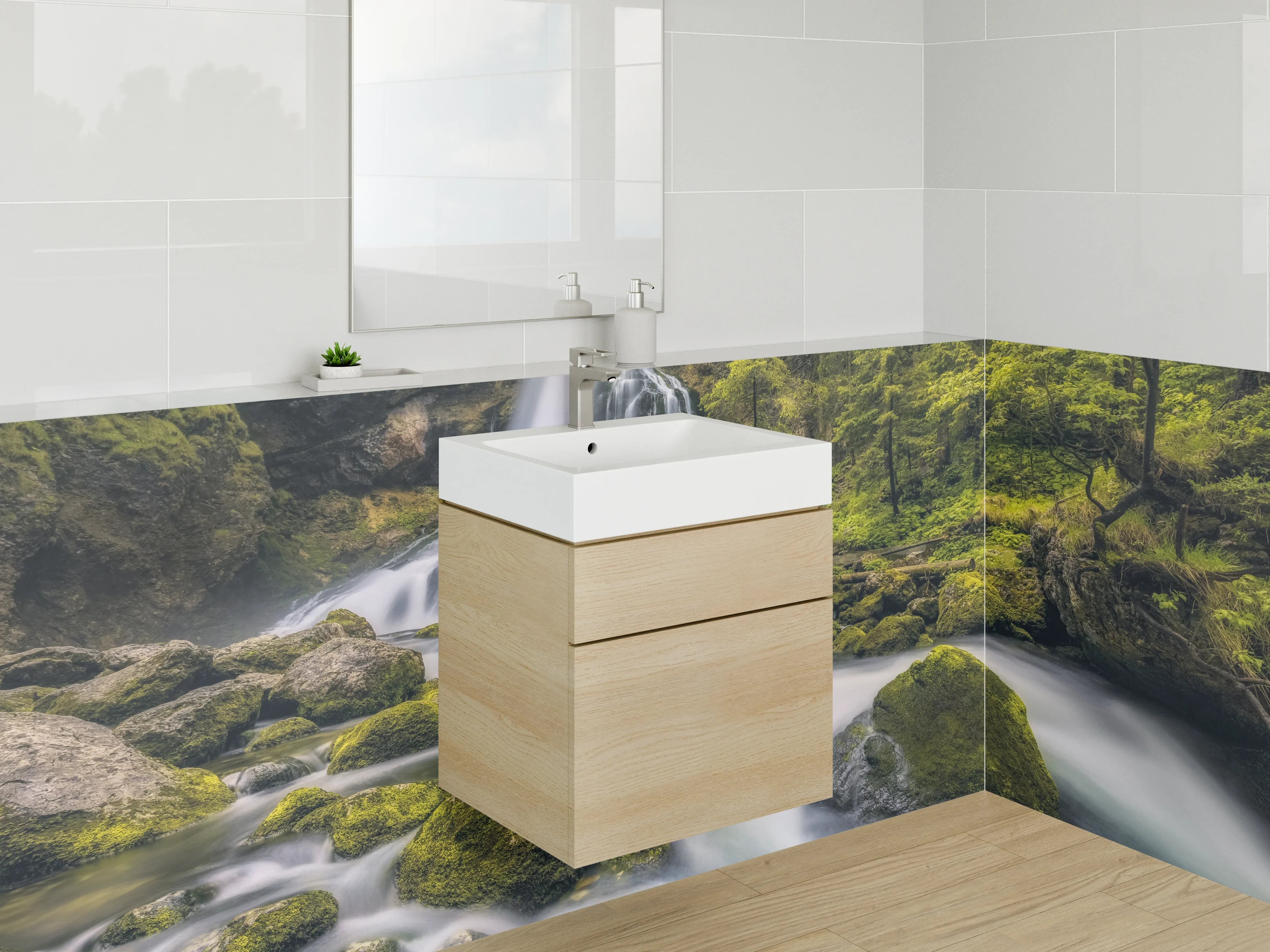 Waschbecken-Rückwand - Silberne Wasserströme im Nebelwald