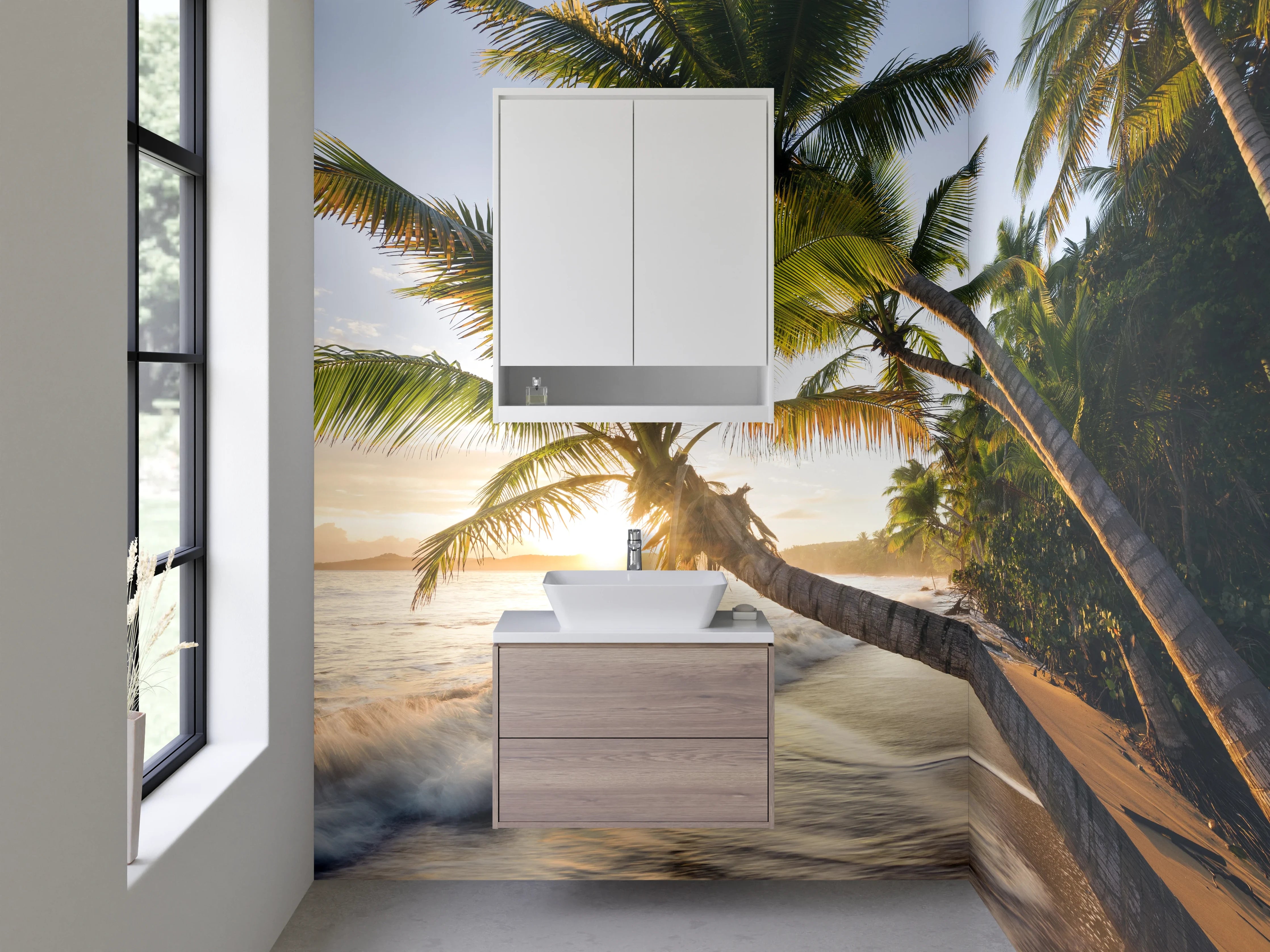 Waschbecken-Rückwand - Silbriger Sonnenuntergang am Strand