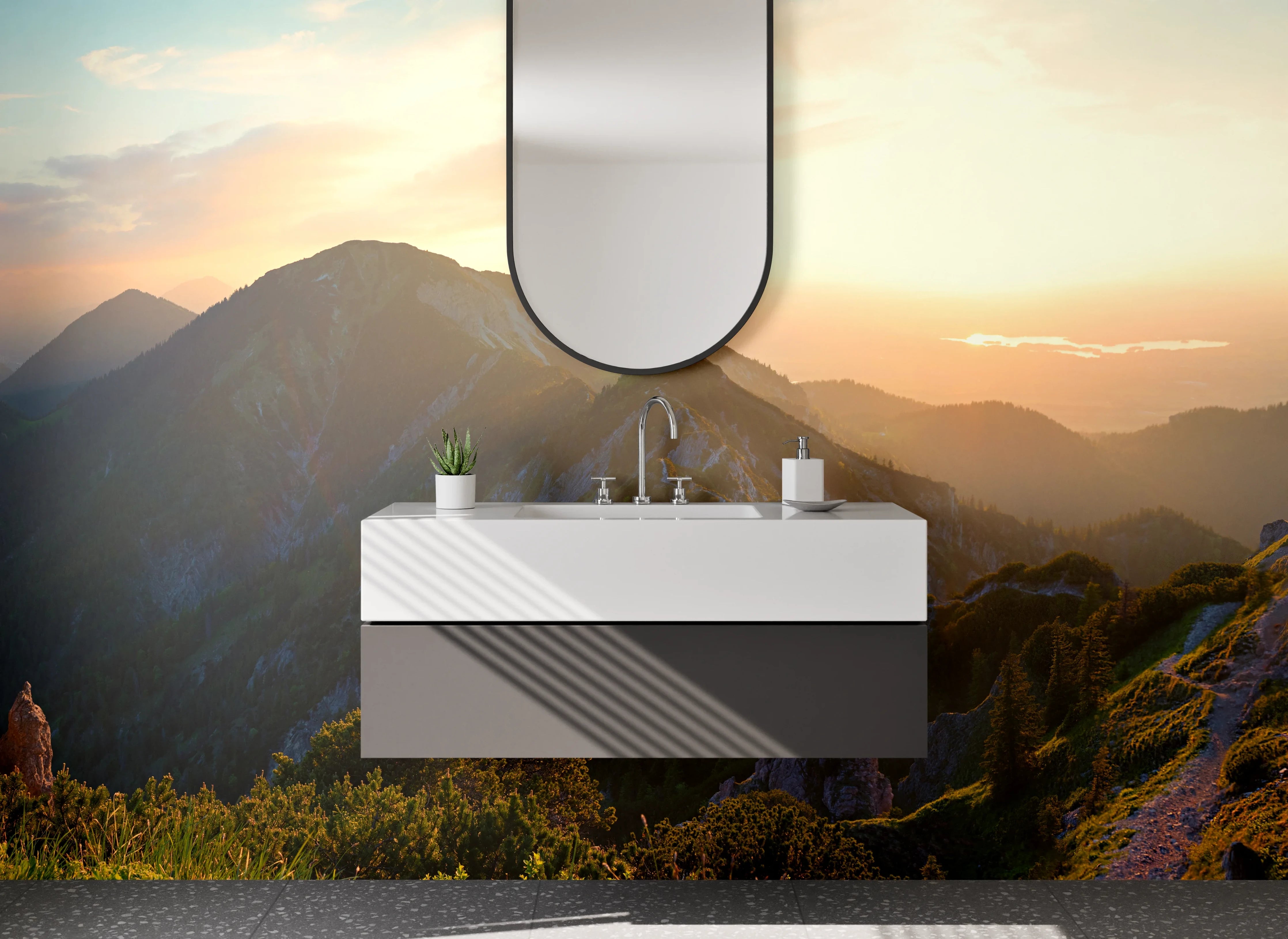 Waschbecken-Rückwand - Silhouetten im Grau bei Dämmerung