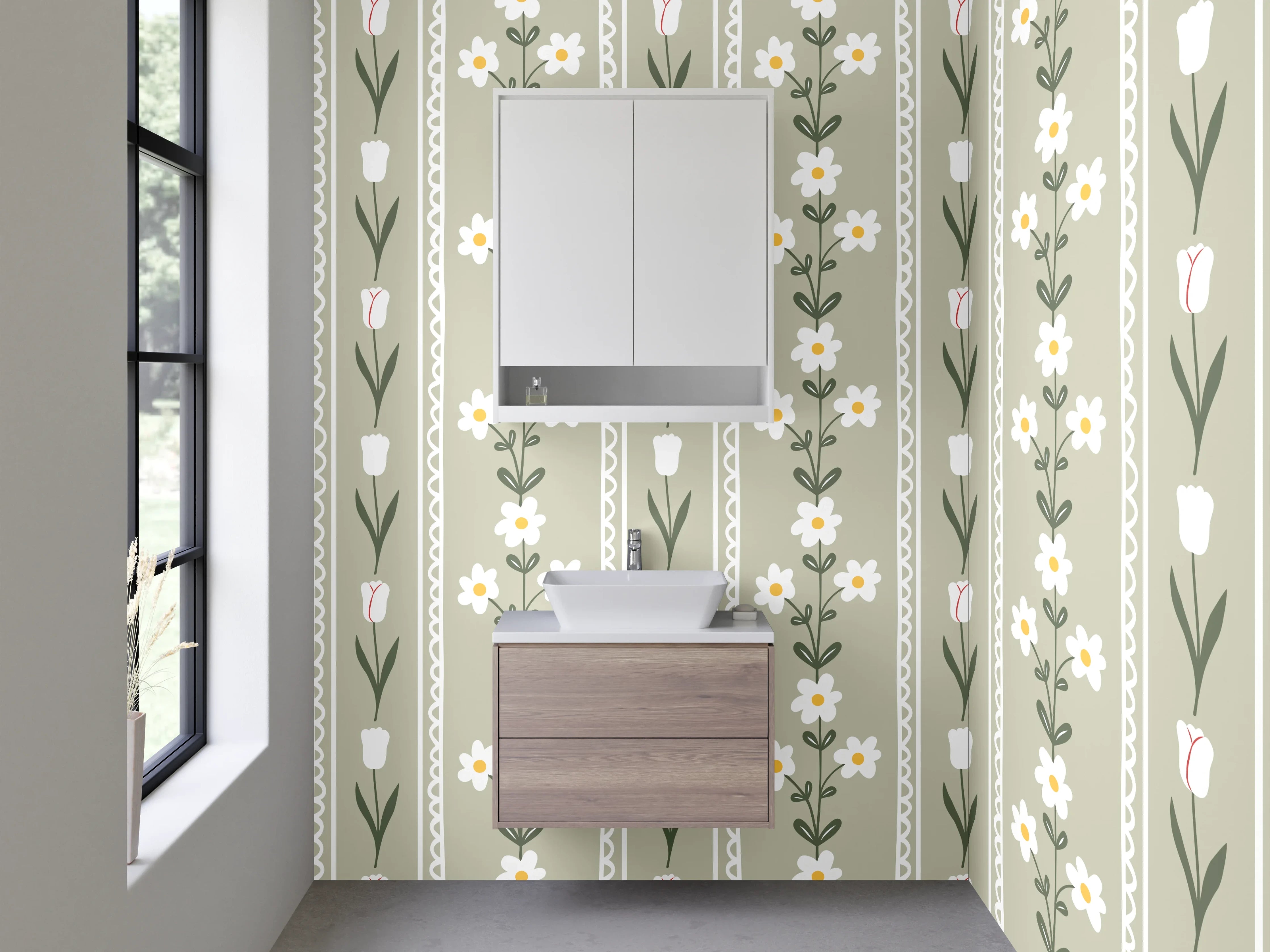 Waschbecken-Rückwand - Skandinavisches Blümchenmuster in Beige Weiß