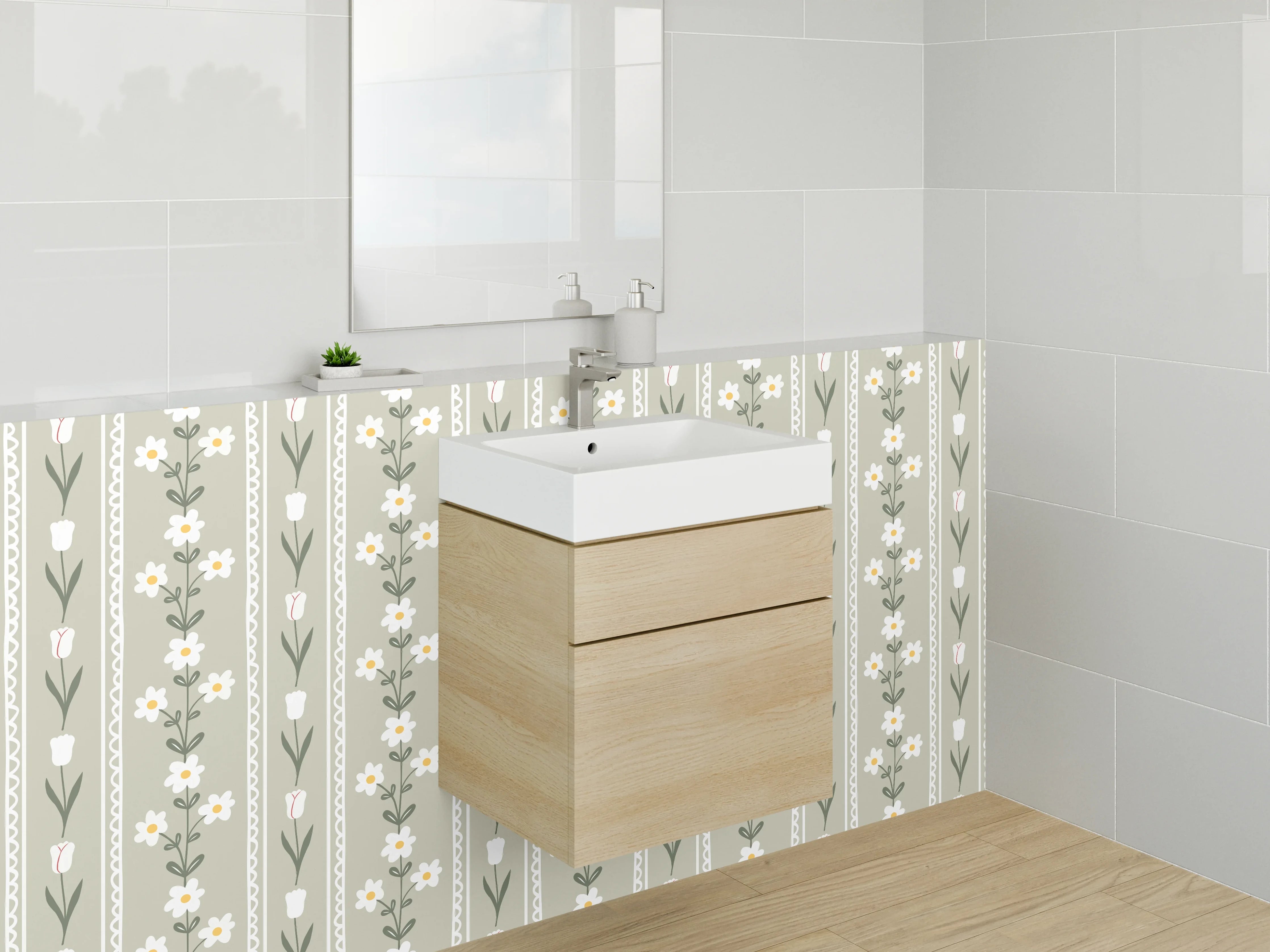 Waschbecken-Rückwand - Skandinavisches Blümchenmuster in Beige Weiß