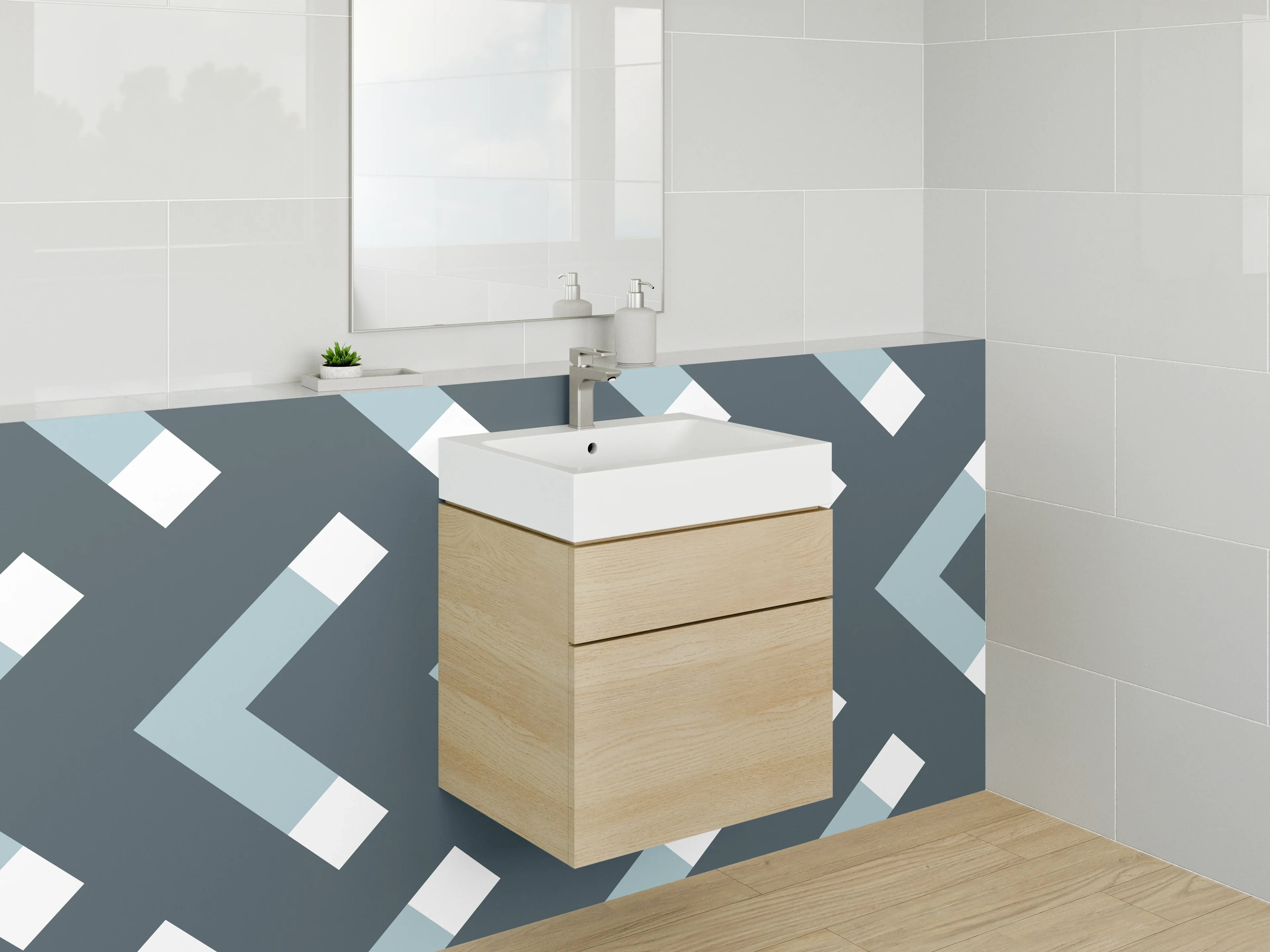 Waschbecken-Rückwand - Skandinavisches Chevron-Muster Blau Weiß