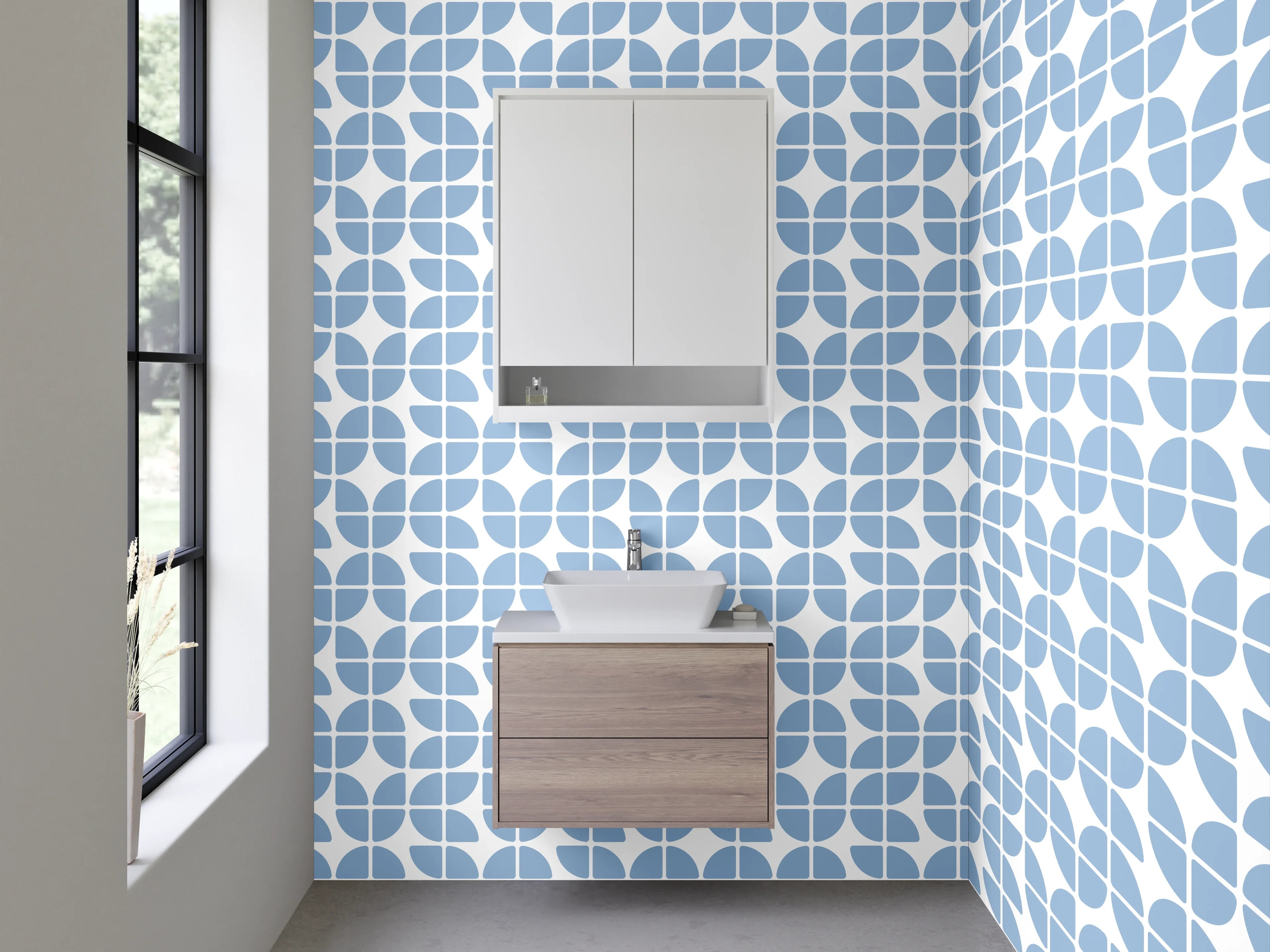 Waschbecken-Rückwand - Skandinavisches Kreismuster in Blau und Weiß