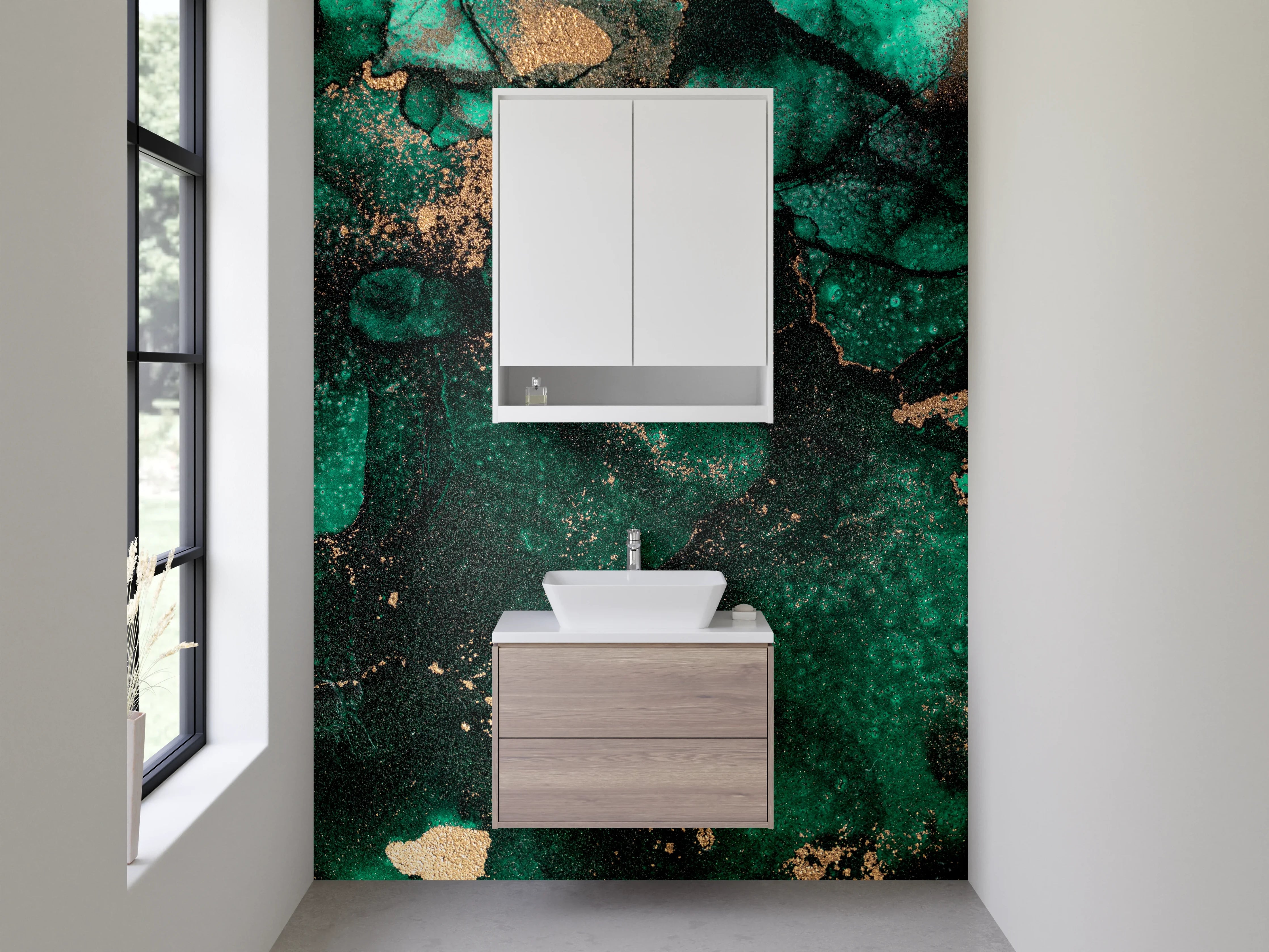 Waschbecken-Rückwand - Smaragdgrüne Marmor-Optik mit Gold-Akzenten