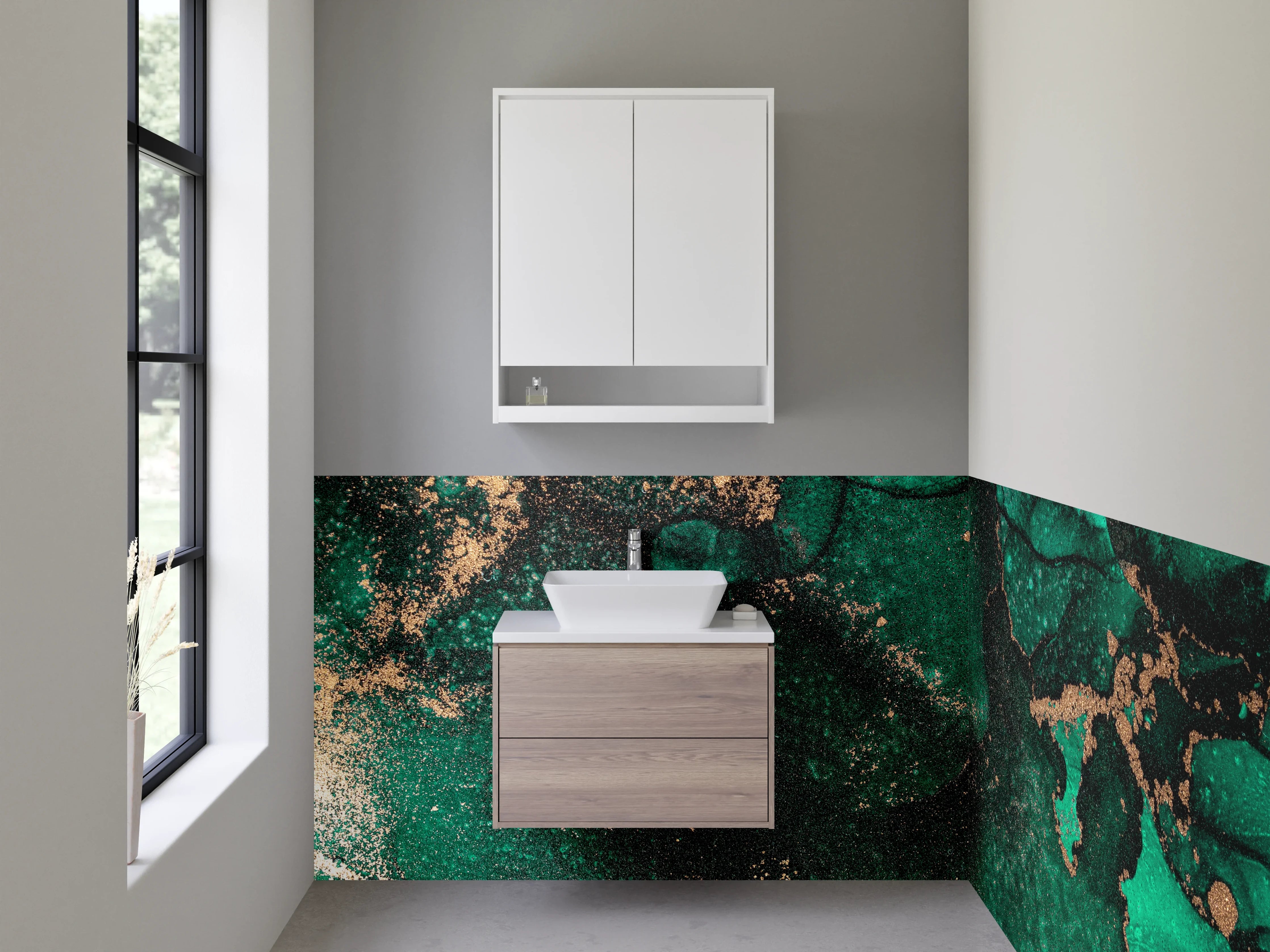 Waschbecken-Rückwand - Smaragdgrüne Marmor-Optik mit Gold-Akzenten