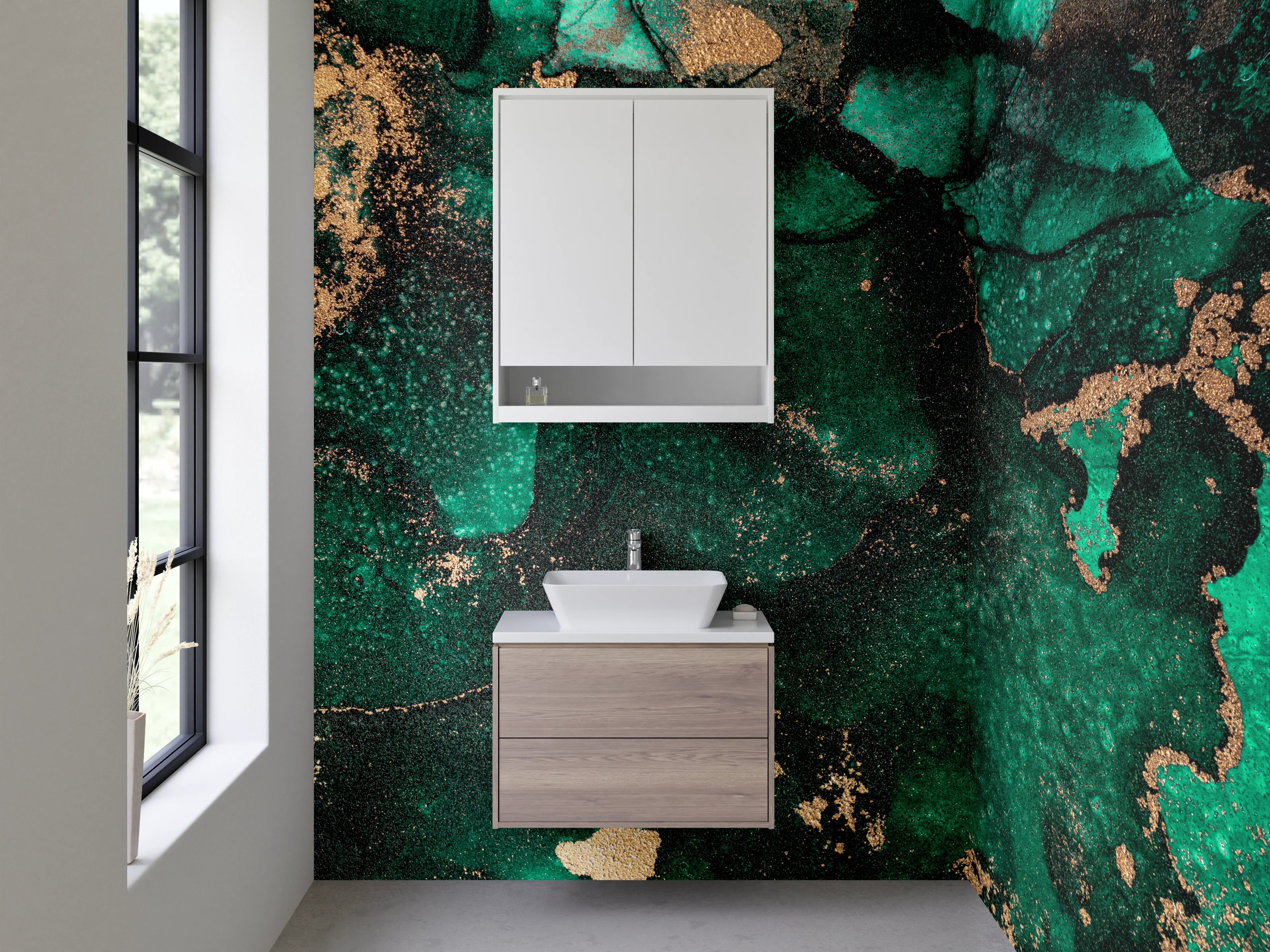 Waschbecken-Rückwand - Smaragdgrüne Marmor-Optik mit Gold-Akzenten