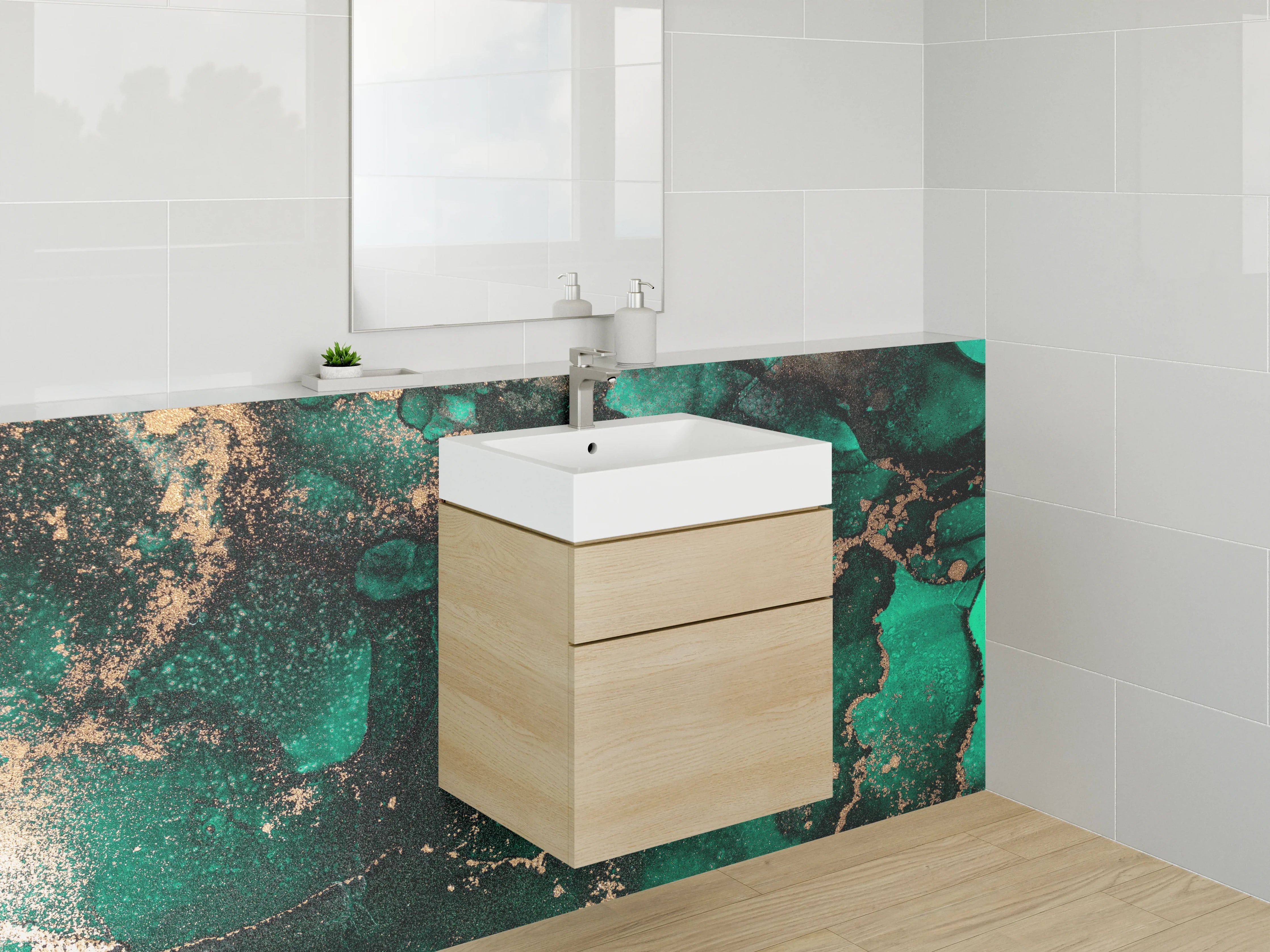 Waschbecken-Rückwand - Smaragdgrüne Marmor-Optik mit Gold-Akzenten