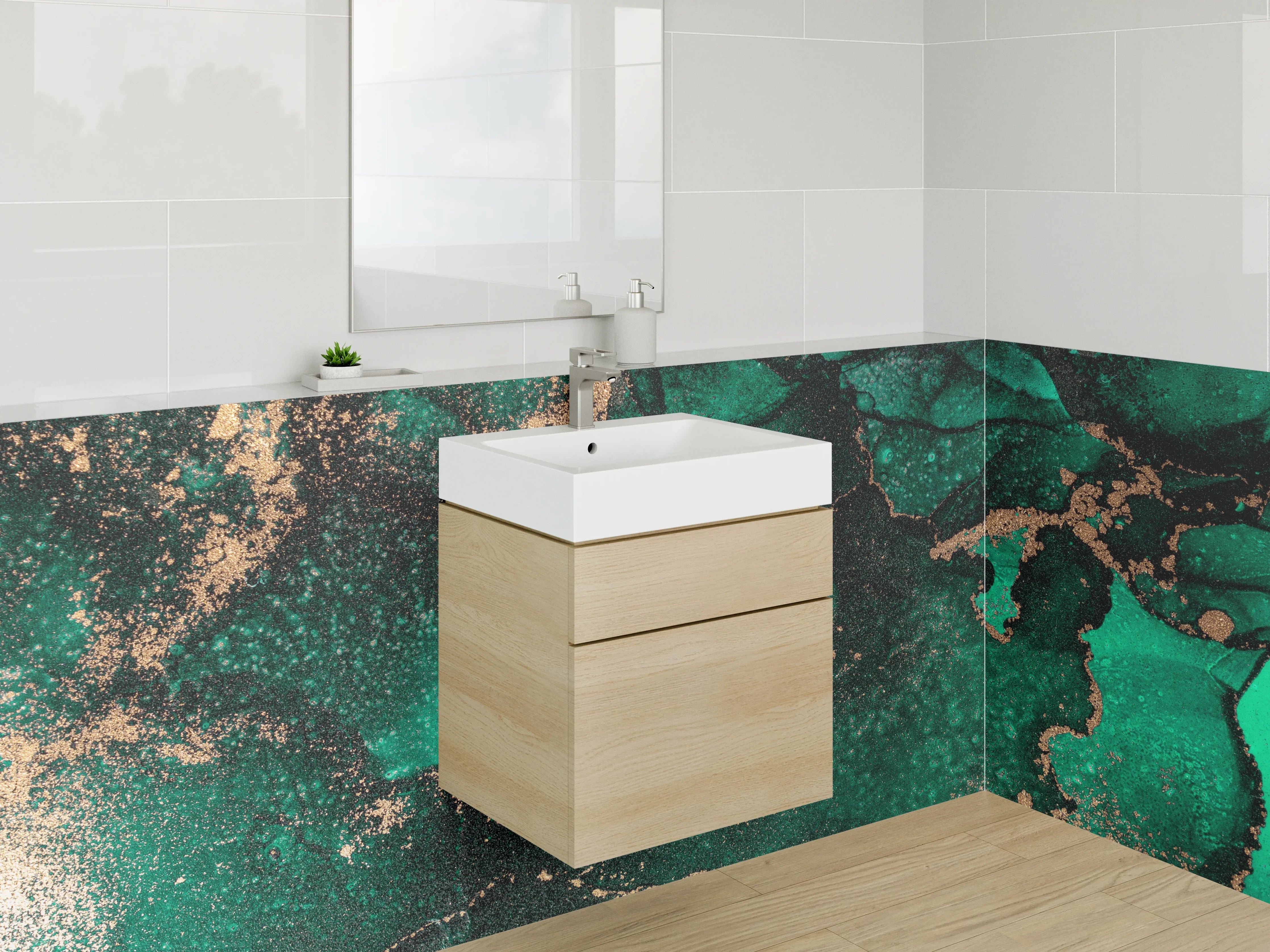 Waschbecken-Rückwand - Smaragdgrüne Marmor-Optik mit Gold-Akzenten