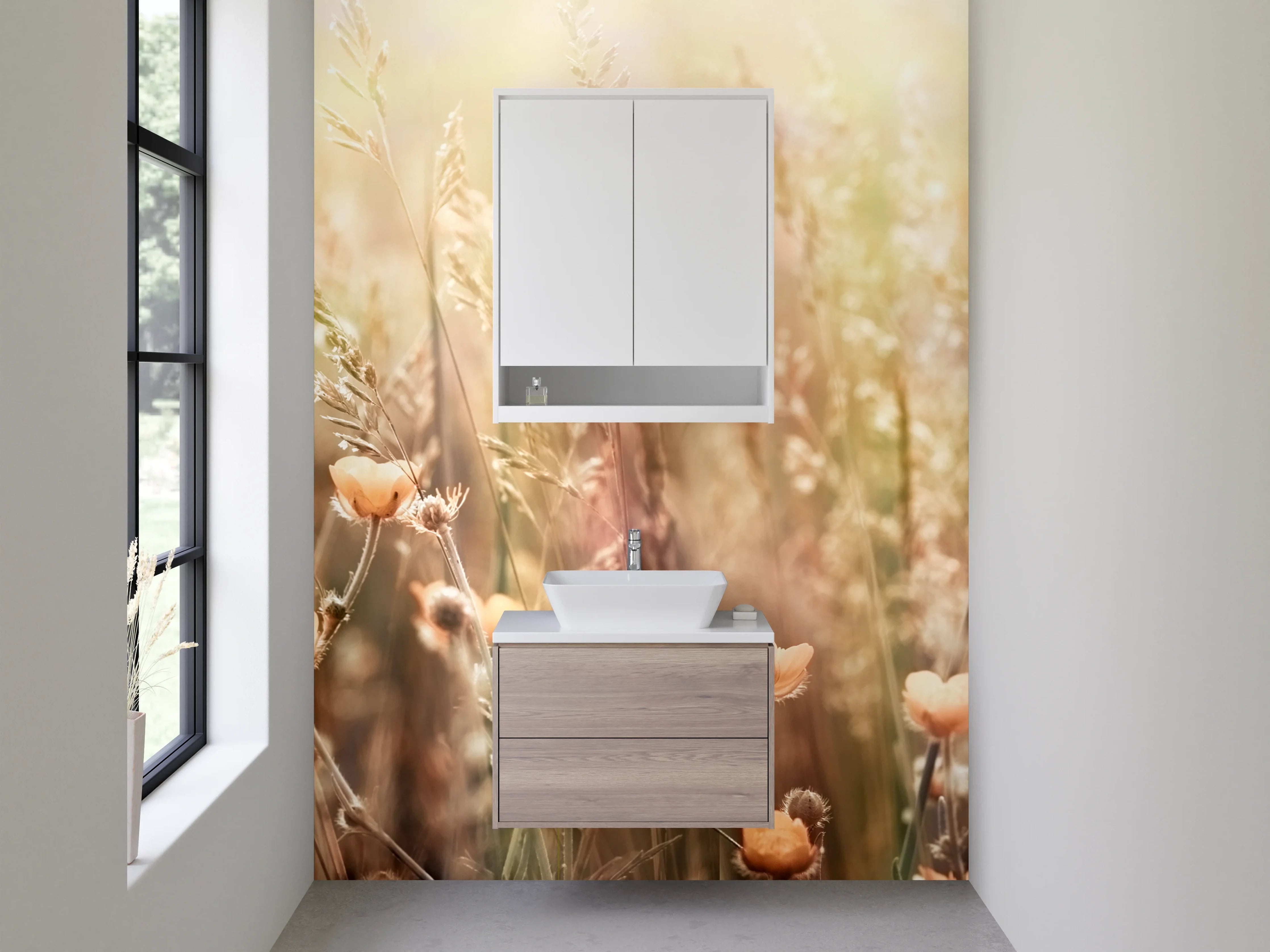 Waschbecken-Rückwand - Sommerliche Blumenwiese in sanftem Licht