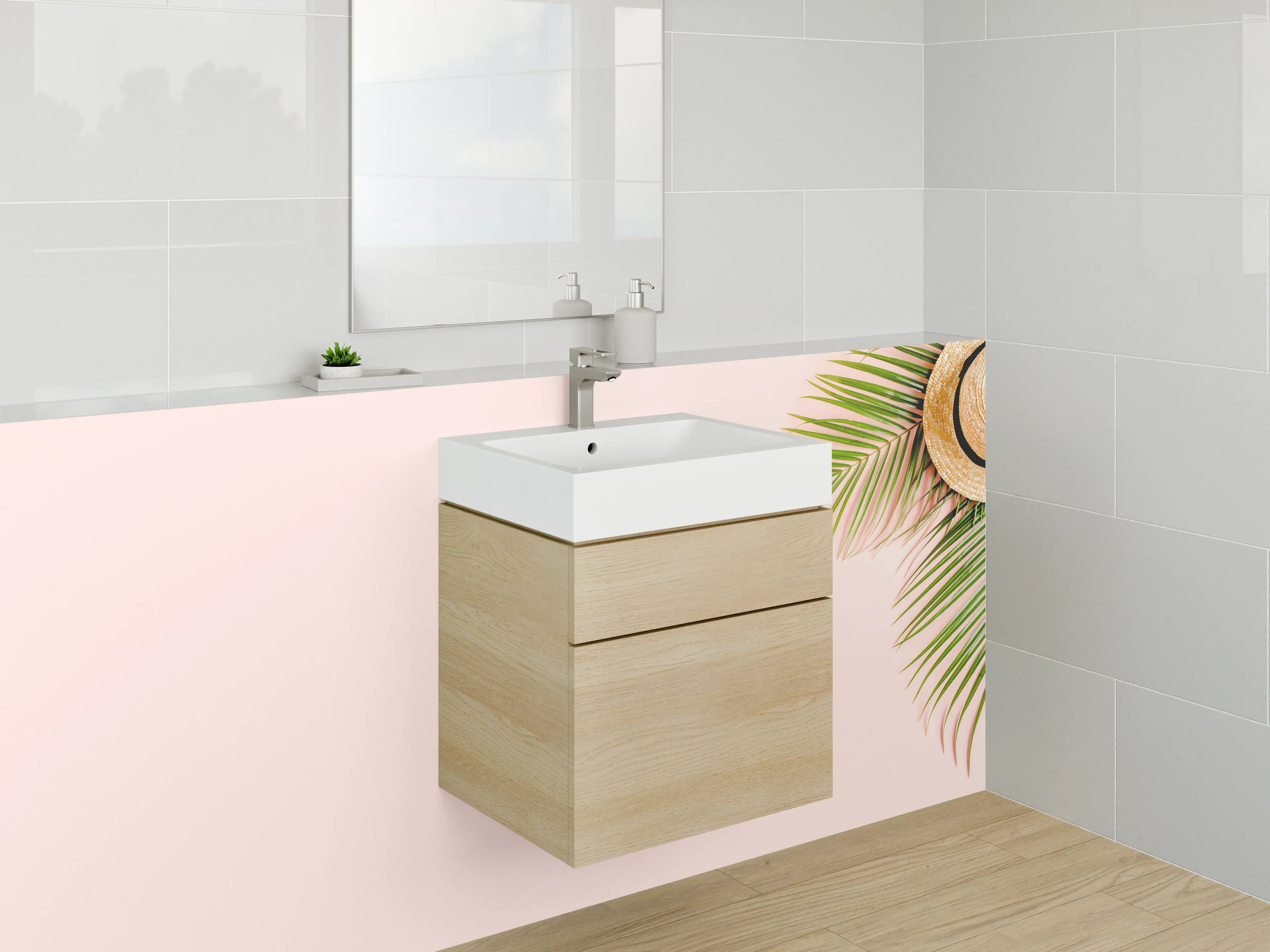 Waschbecken-Rückwand - Sommerliche Palme mit Strohhut auf Rosa