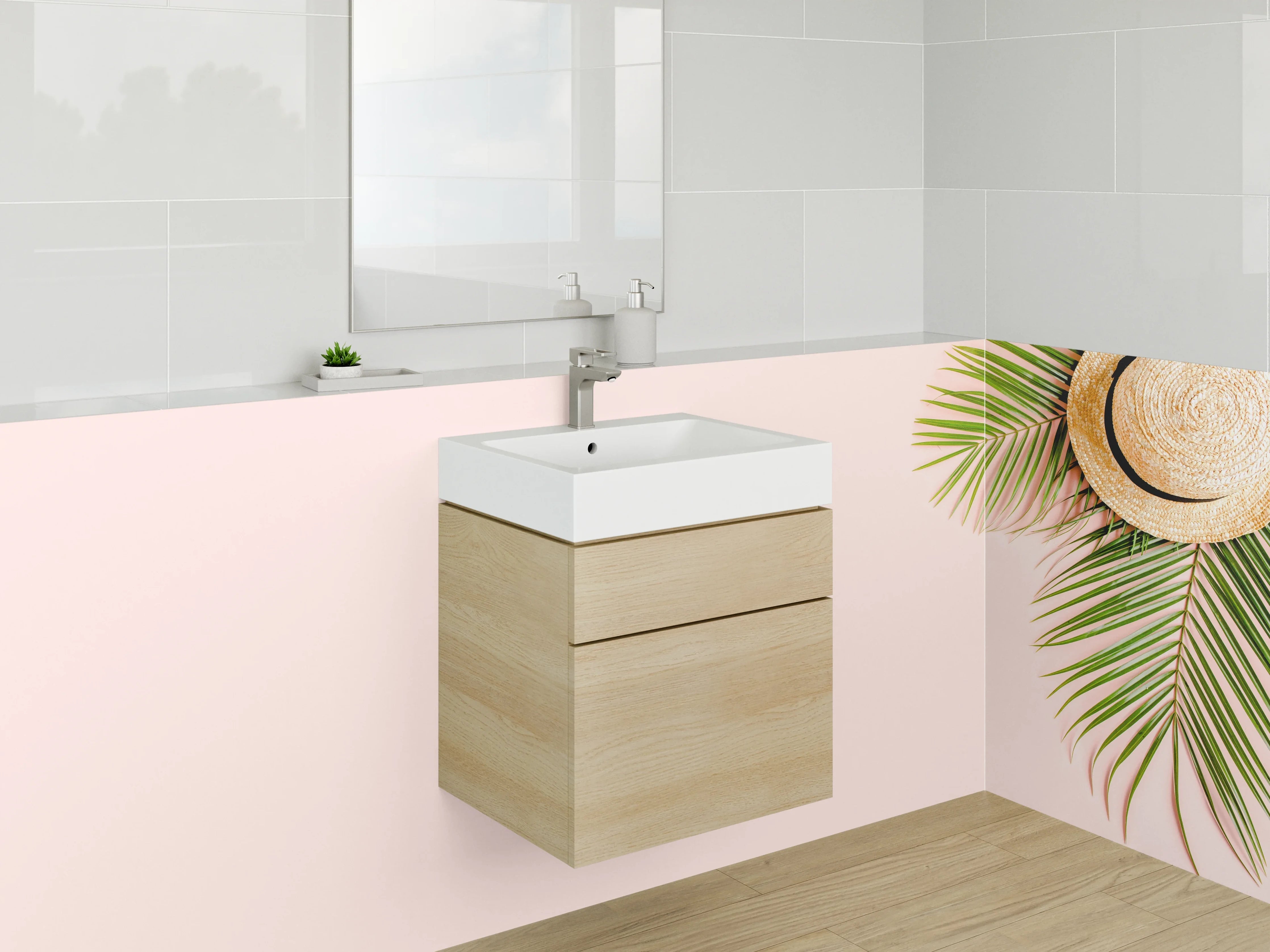 Waschbecken-Rückwand - Sommerliche Palme mit Strohhut auf Rosa