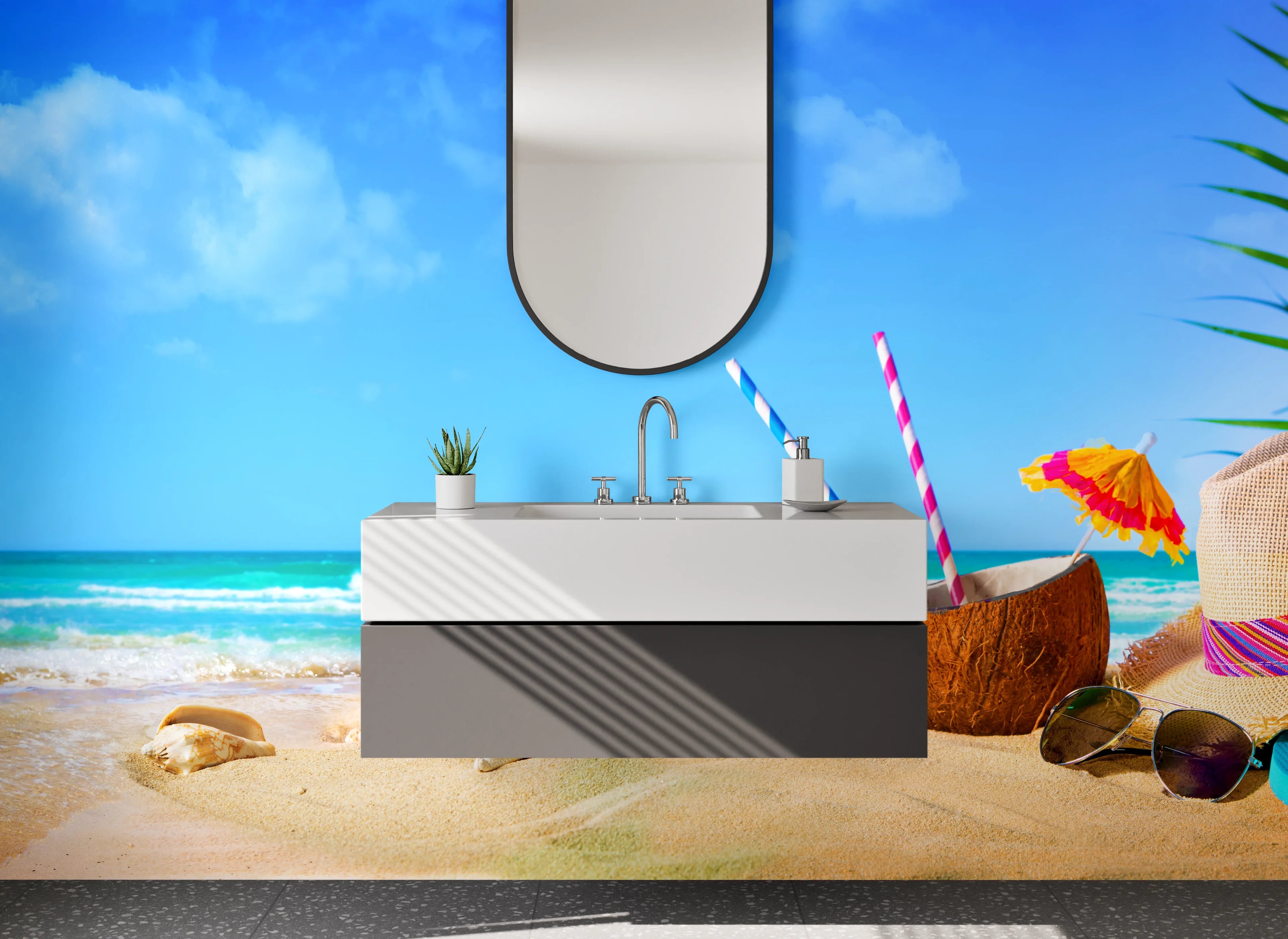 Waschbecken-Rückwand - Sommerlicher Strand mit Accessoires
