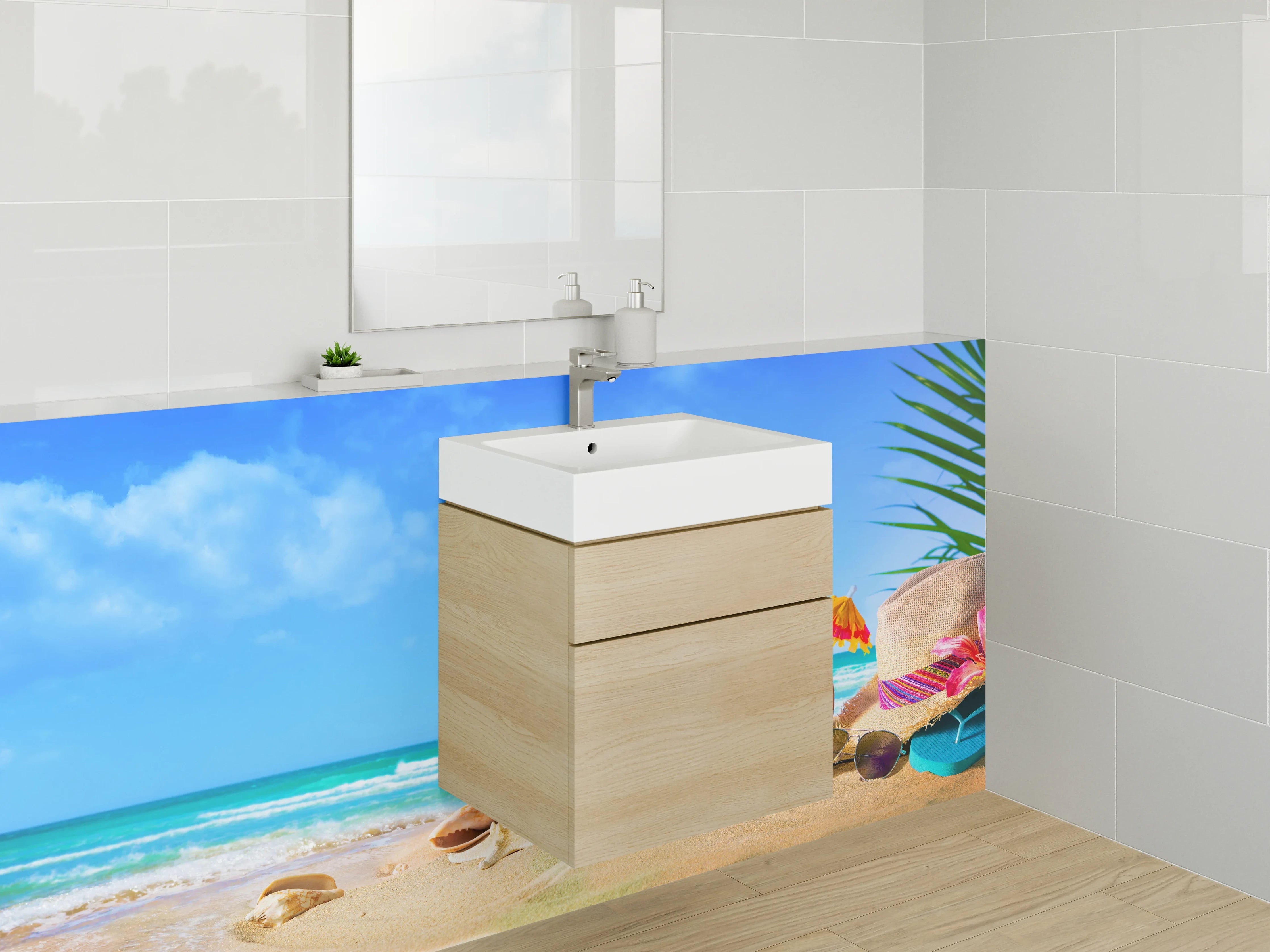 Waschbecken-Rückwand - Sommerlicher Strand mit Accessoires