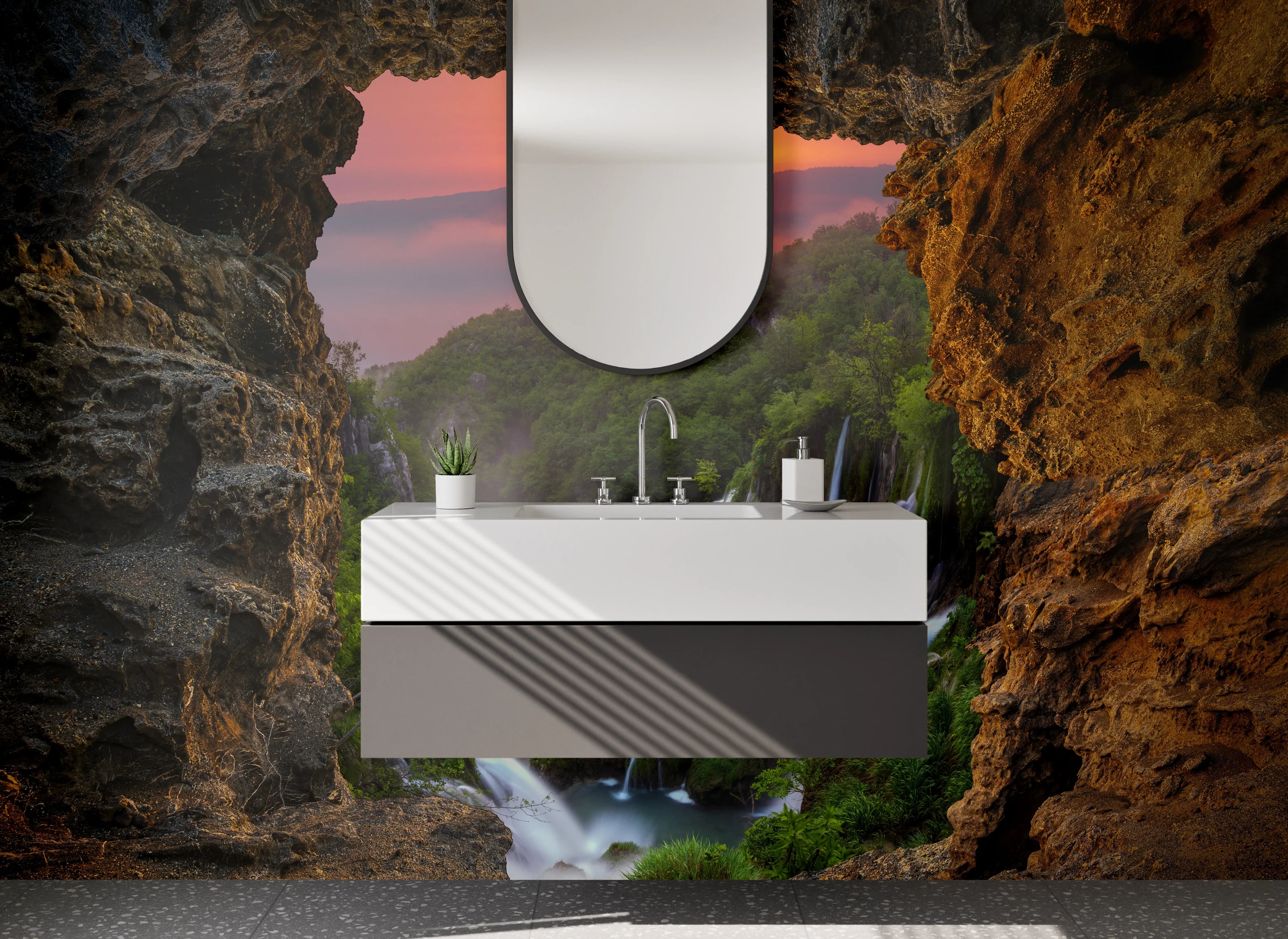 Waschbecken-Rückwand - Sonnenaufgang am Wasserfall Felsblick