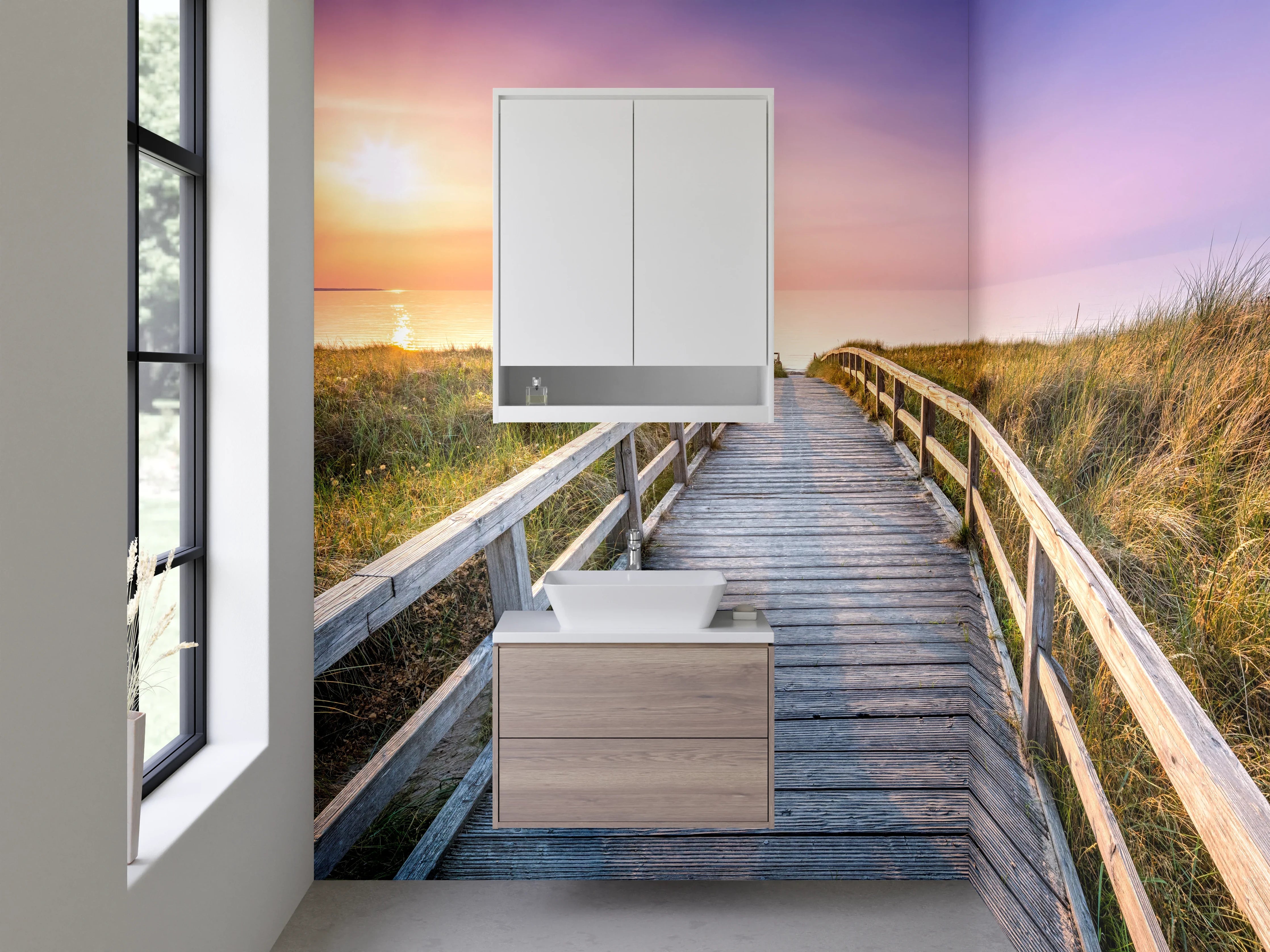 Waschbecken-Rückwand - Sonnenaufgang über dem Meer mit Holzsteg