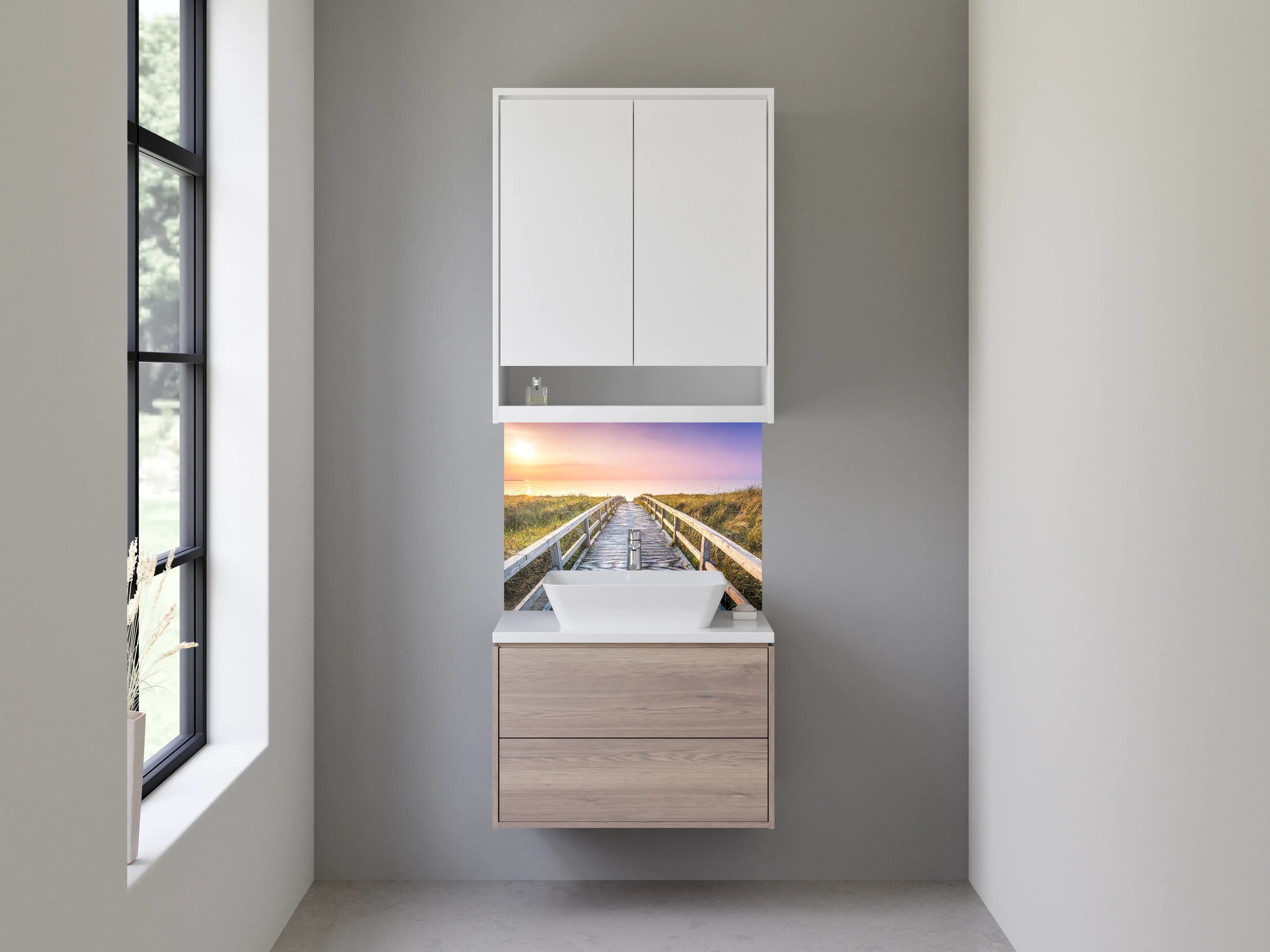 Waschbecken-Rückwand - Sonnenaufgang über dem Meer mit Holzsteg