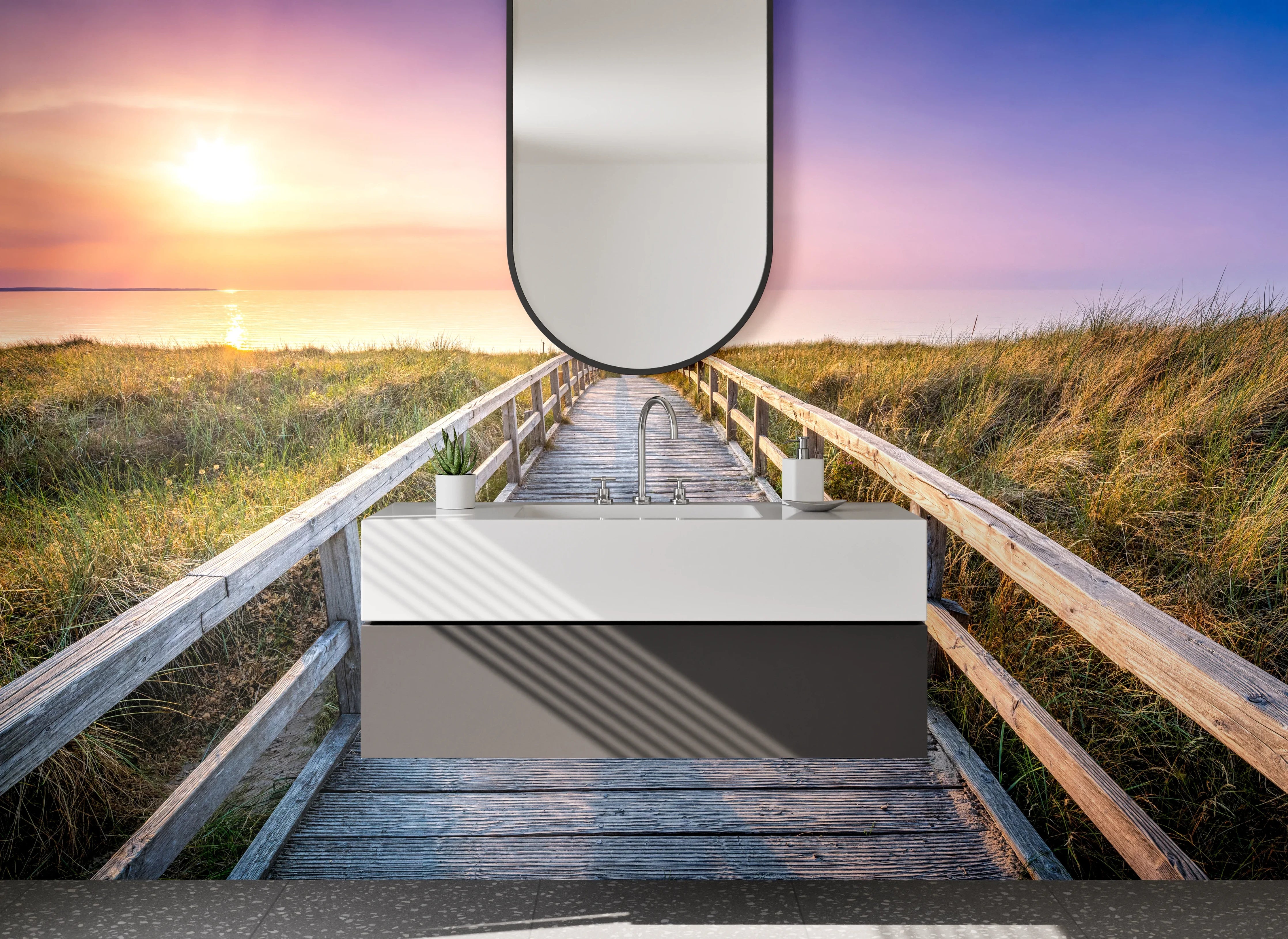 Waschbecken-Rückwand - Sonnenaufgang über dem Meer mit Holzsteg