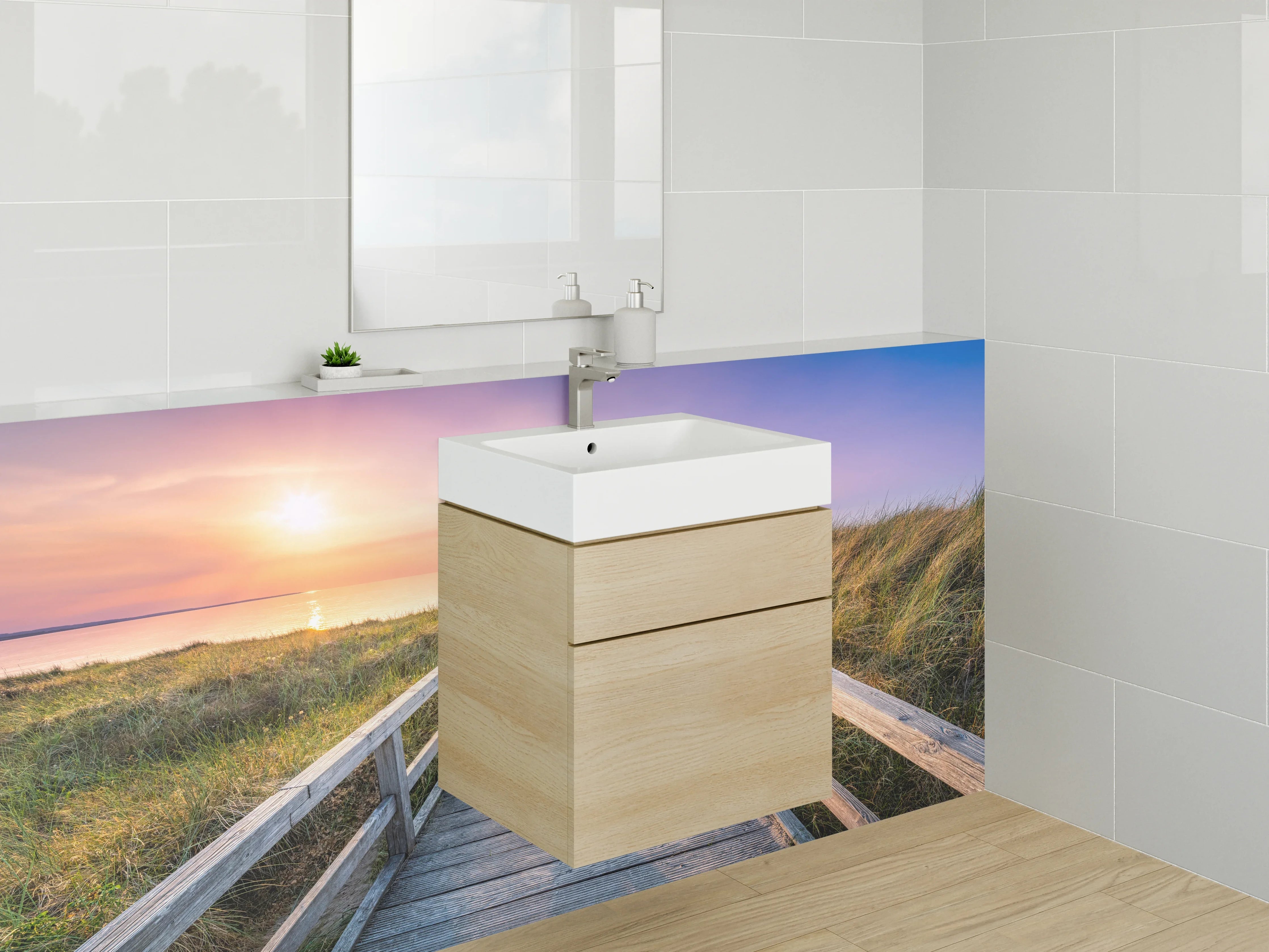 Waschbecken-Rückwand - Sonnenaufgang über dem Meer mit Holzsteg