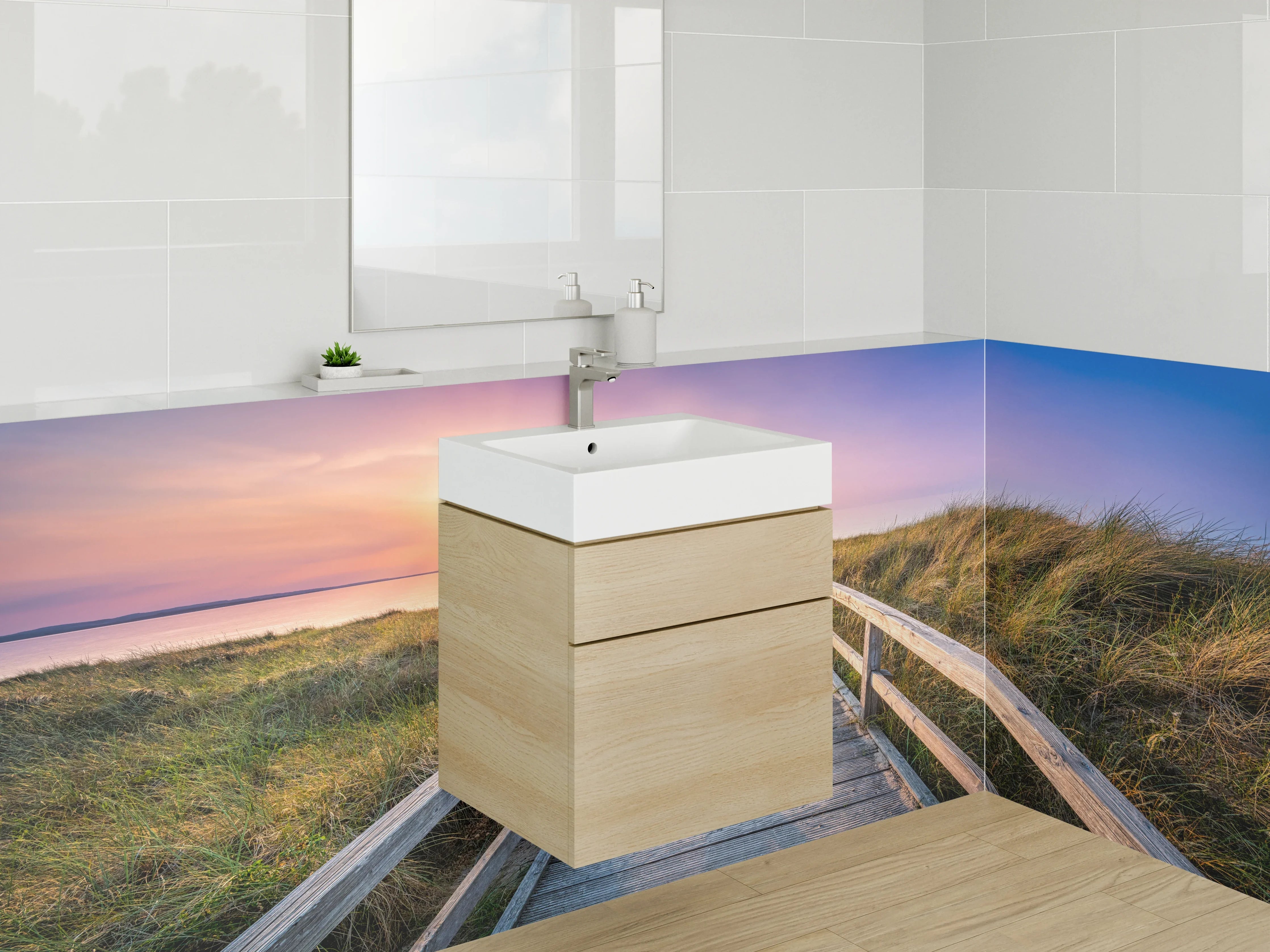 Waschbecken-Rückwand - Sonnenaufgang über dem Meer mit Holzsteg